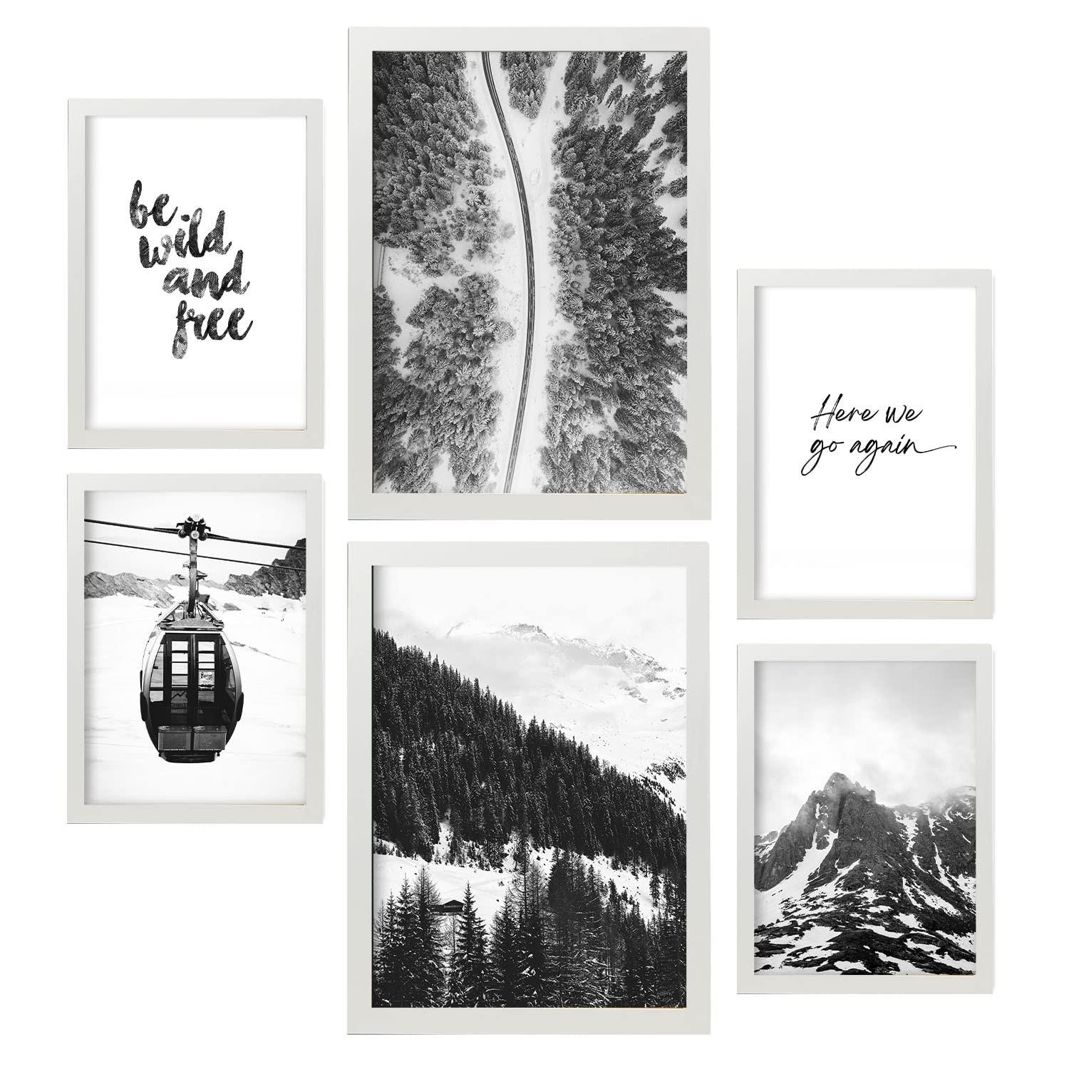 POSTER Set Mit 6 Schwarzweiß Berg Wandbild A3 & A4 Weißer Rahmen - Weiß, Papier (29/3cm) - Nacnic