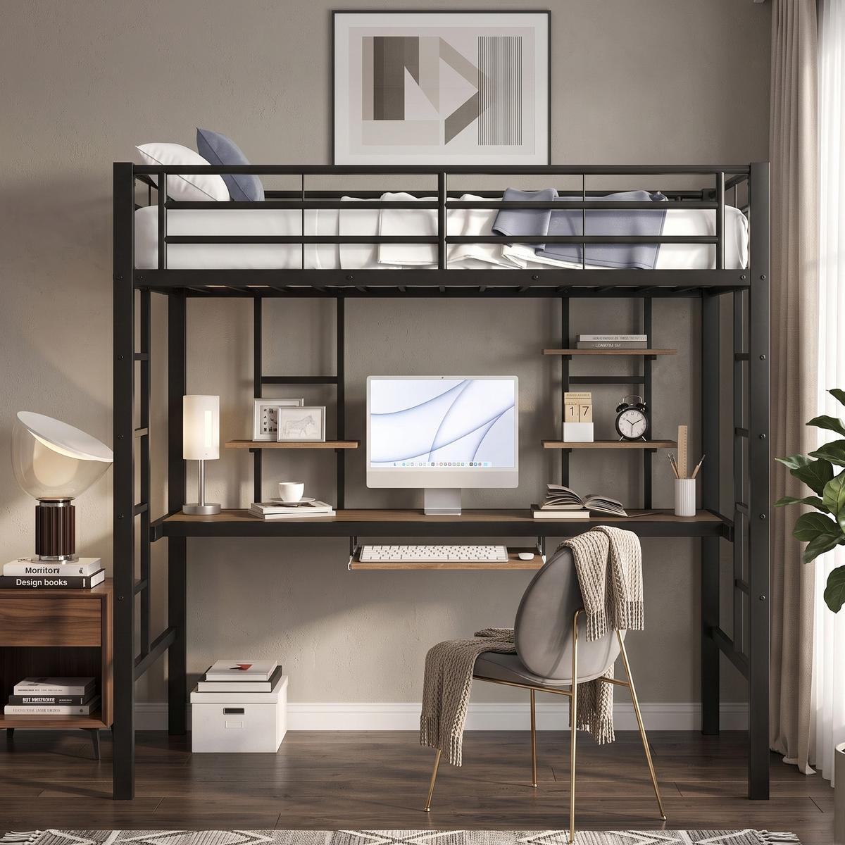 HOCHBETT metall schwarz 90x200cm mit schreibtisch regalen - Schwarz, Metall (90/200cm) - Urban Meuble