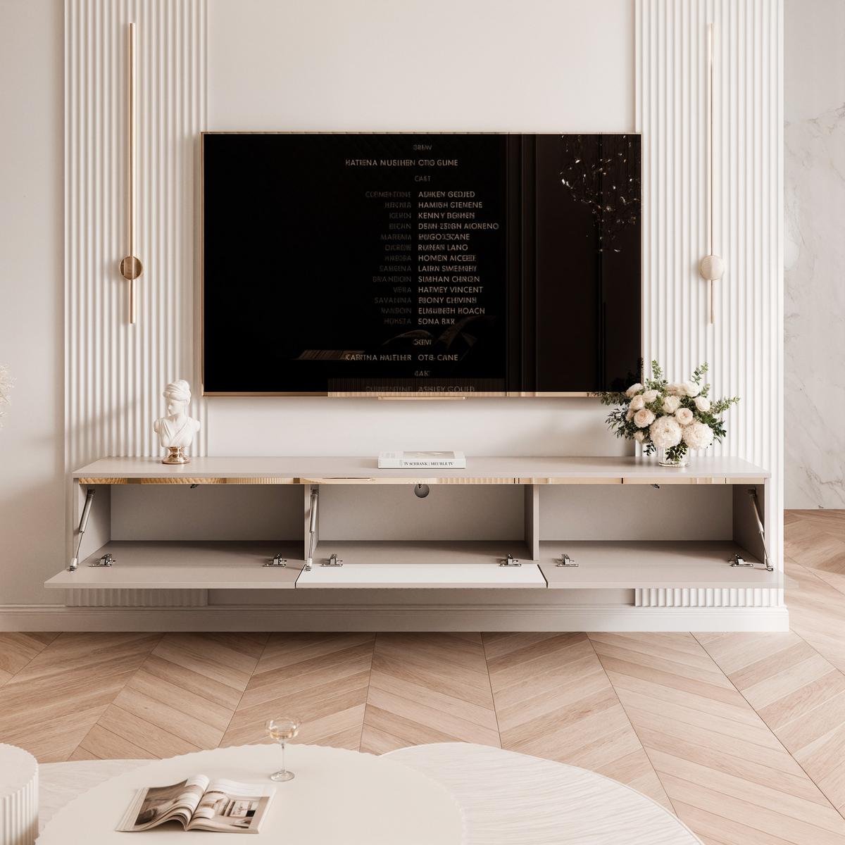 HÄNGENDER, geriffelter TV-Schrank SELIA 200 cm, Kaschmir mit goldener Zierleiste und LED-Beleuchtung - Kaschmir, Holzwerkstoff (200/28.5/35cm) - Idohome