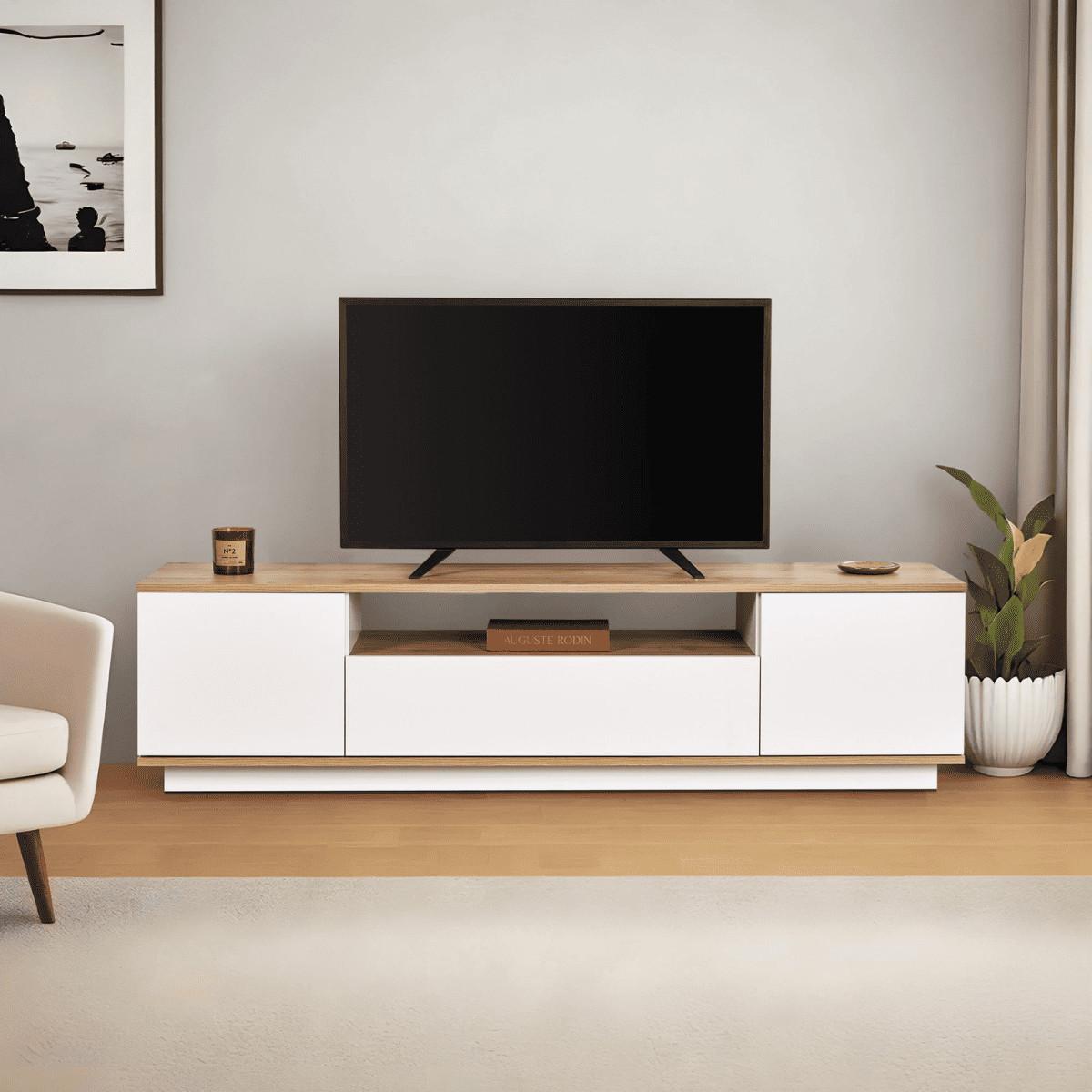 TV furniture with 3 folding doors and 1 niche, L180 cm - Weiß, Holzwerkstoff (44.5/44.6/12cm) - Calicosy