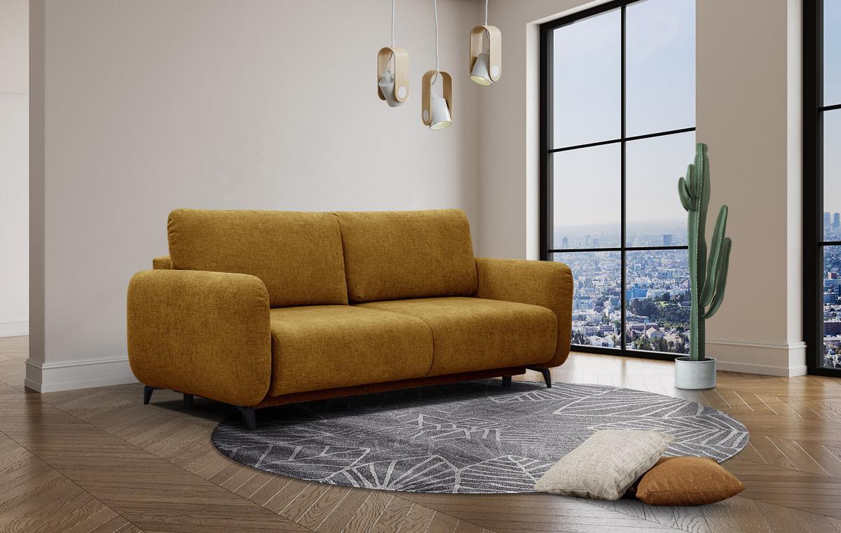 SOFA DRAKE 3-Sitzer mit Schlaffunktion, dunkelgelb - Dunkelgelb/Braun, Holz/Textil (232/90/107cm) - Wozimo