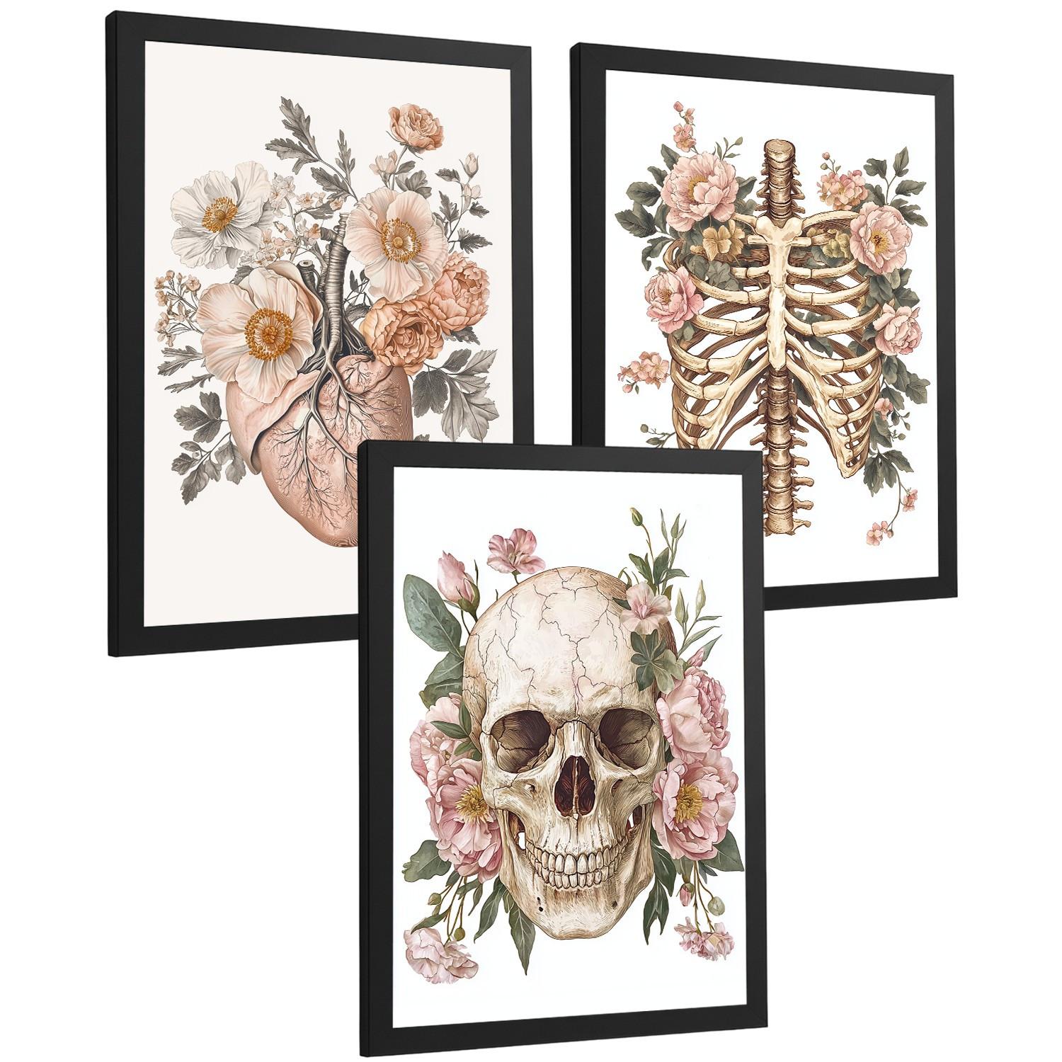 POSTER Set aus 3 Anatomie Mensch Florale Drucke und Wandbilder mit Herz Schädel und Brustkorb Weicher Vintage Stil Größe Schwarzer Rahmen A3 - Schwarz, Papier (29.7/42/3cm) - Nacnic