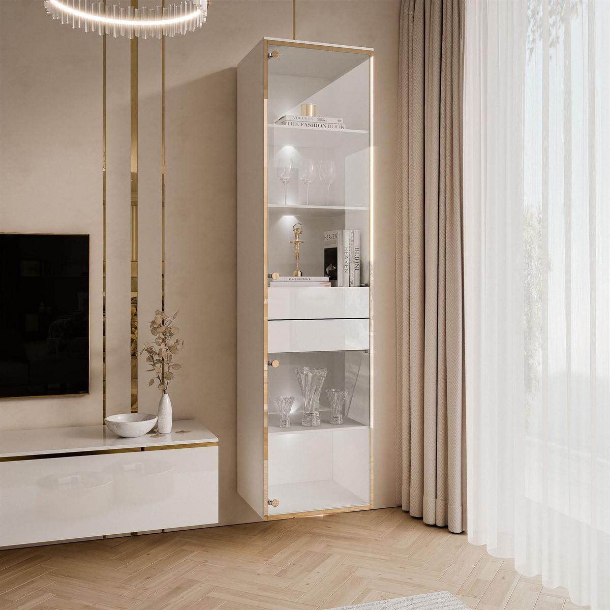 VITRINE HÄNGENDE AURORA in Weiß hochglanz mit LED-Beleuchtung - Weiß Hochglanz, Holzwerkstoff (45/181/40cm) - Lookway