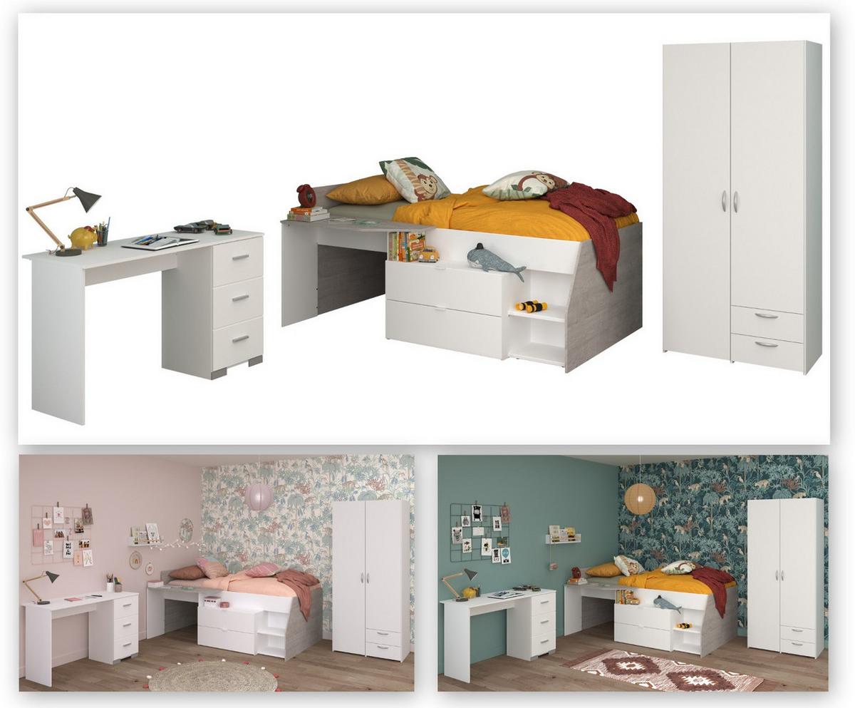 KINDERZIMMER weiß, grau, Komplett-Set mit Stauraumbett, Kleiderschrank, Schreibtisch - Silberfarben/Weiß, Holzwerkstoff/Kunststoff (135/185/203cm) - Parisot Meuble