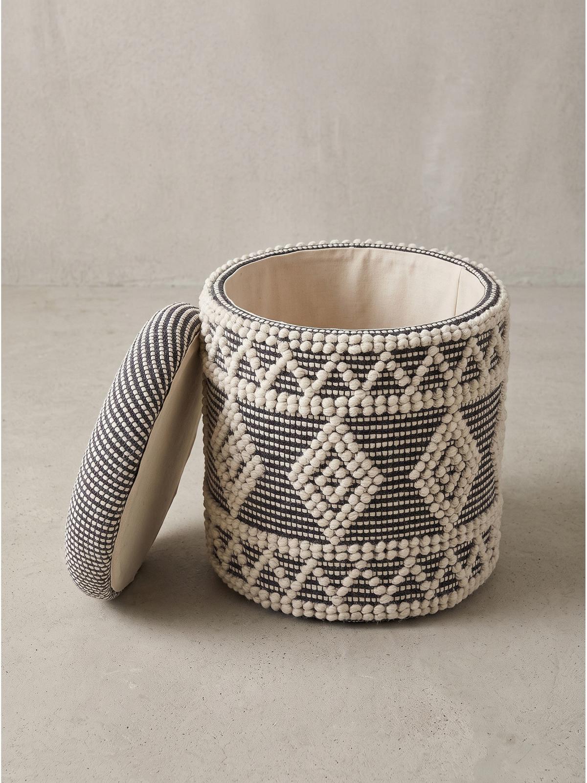 SITZHOCKER RHONE, Stoff, mit Textilbezug, mit Rautenstruktur, Creme-Schwarz, Ø 40 x 45 cm - Beige/Grau, Textil (40/45/40cm) - KADIMA DESIGN