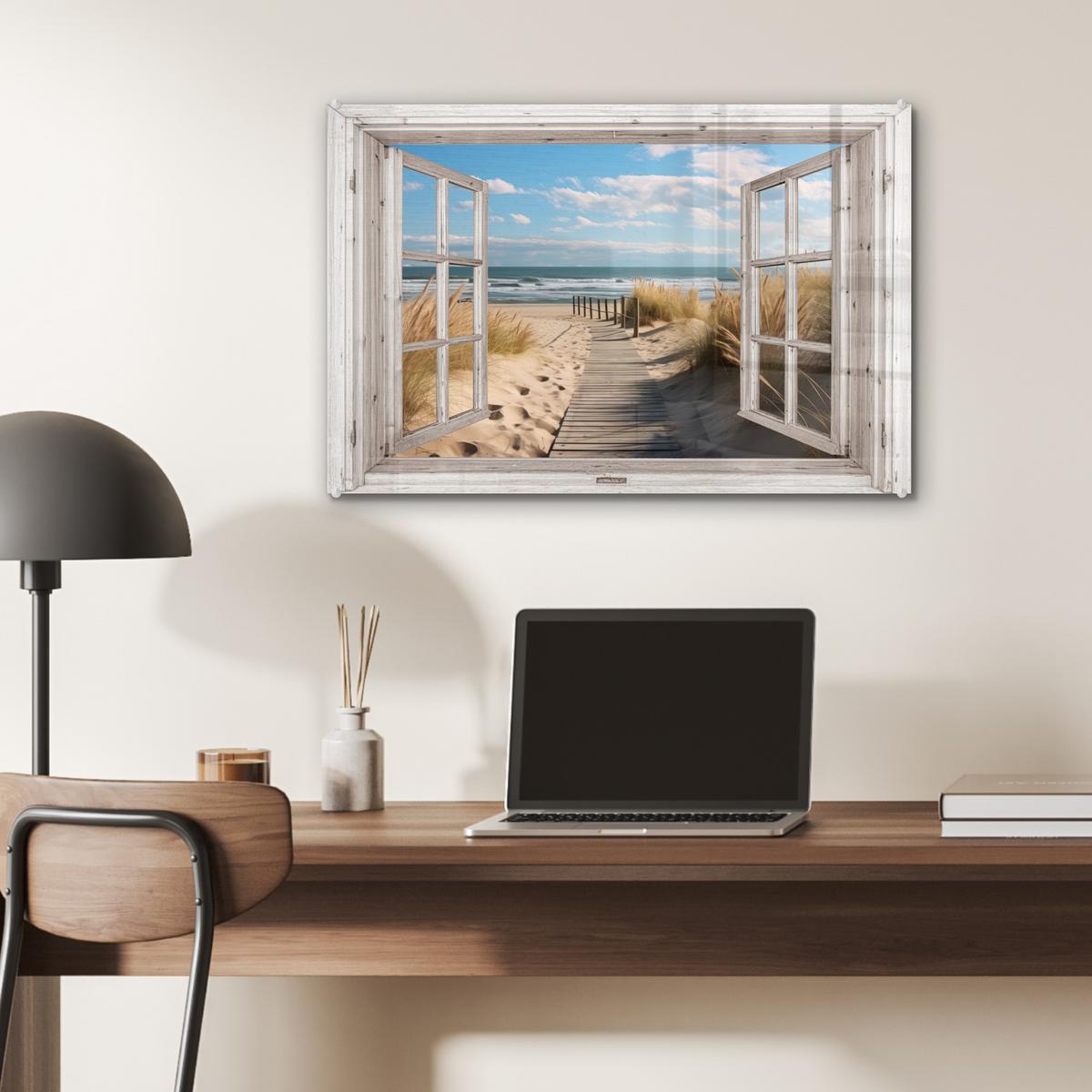 ACRYLGLASBILD Fenster - Meer - Küste - Natur - Ausblick - Strand - Wattenmeer Wanddeko 60x40 cm - Beige, Glas (60/40cm) - MuchoWow