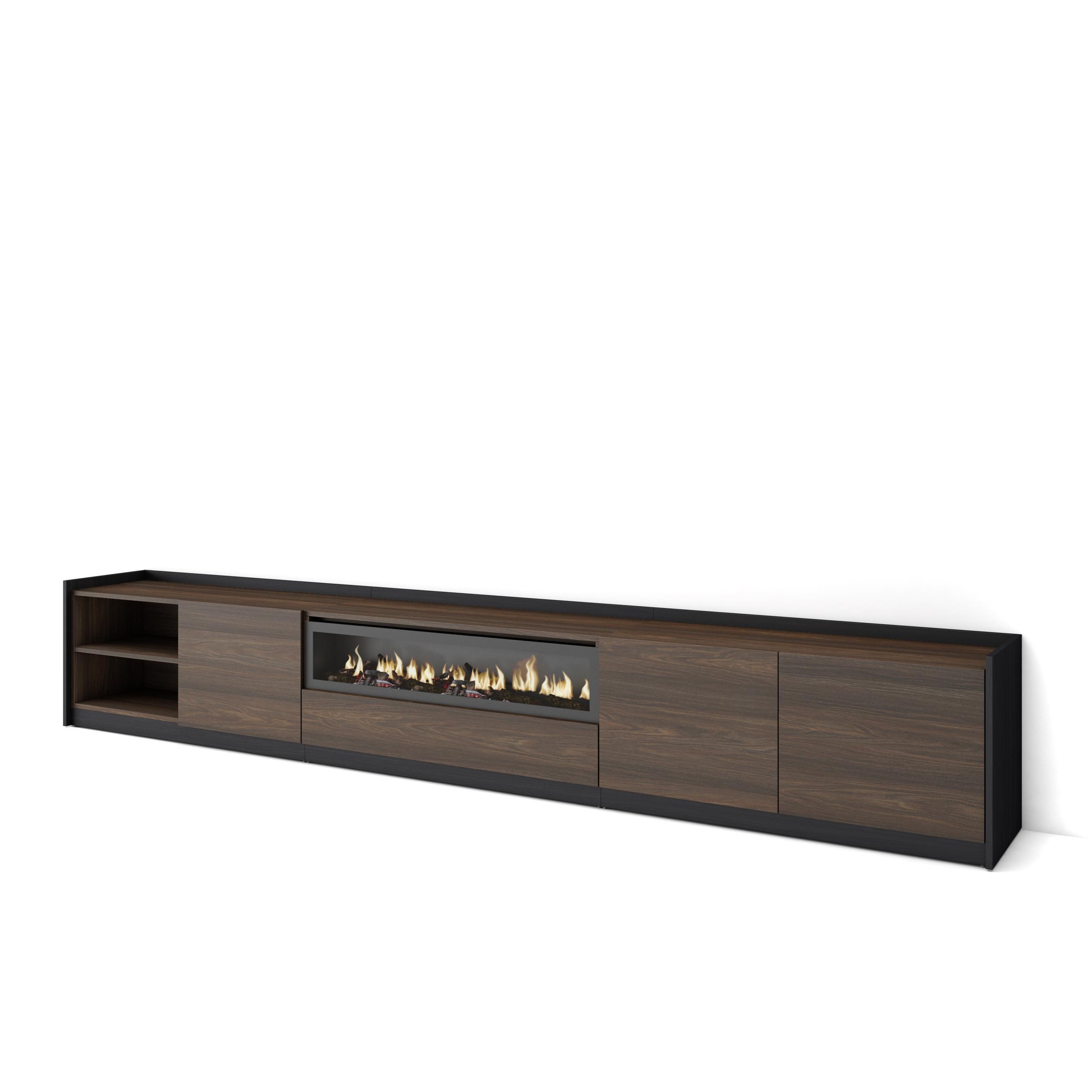 LOWBOARD, Dunkler Eiche und Schwarz, Elektrokamin, 310/37/50cm - Hellbraun, Holzwerkstoff (310/50/37cm) - Skraut Home