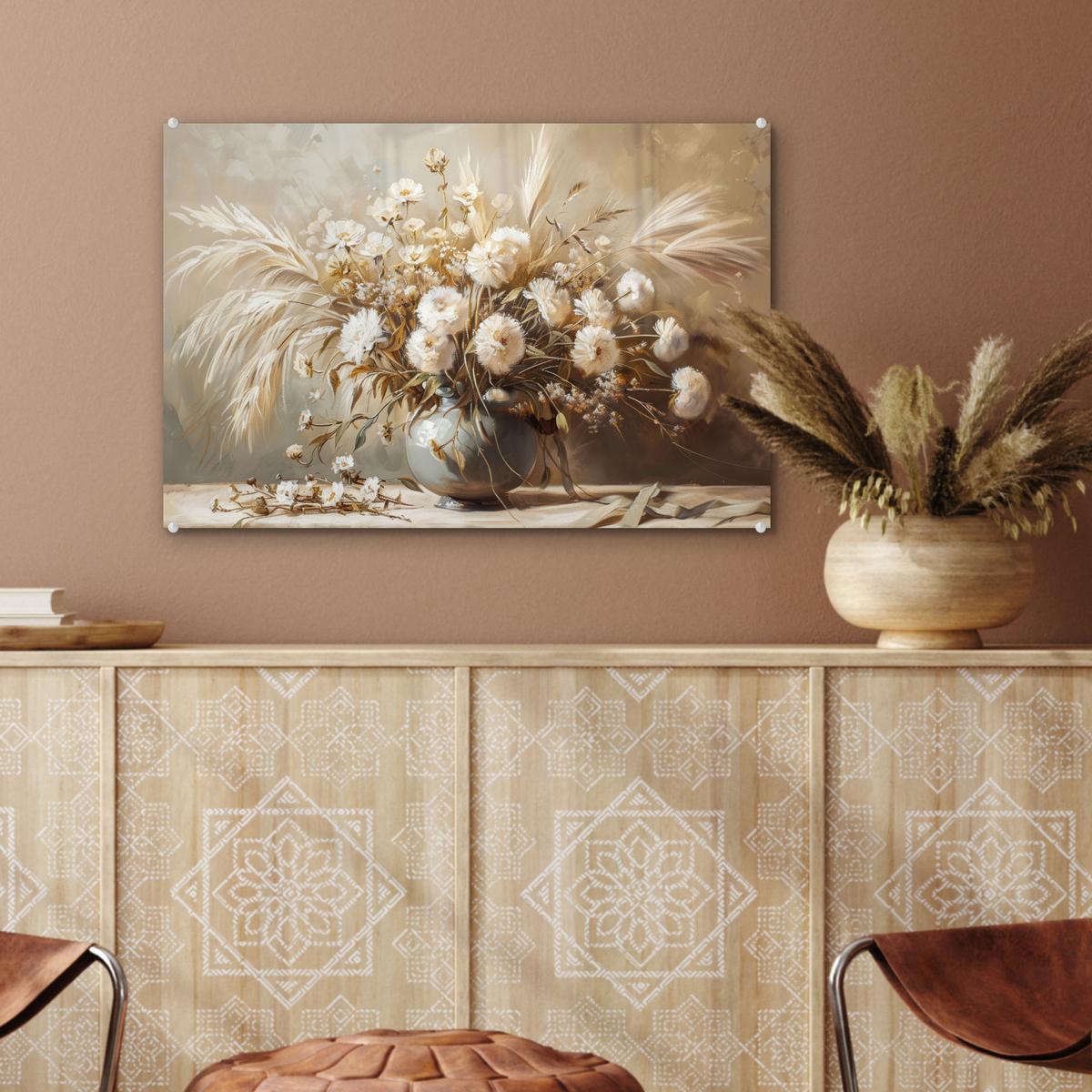 ACRYLGLASBILD Blumen - Vase - Stilleben - Beige Wanddeko 60x40 cm - Creme, Glas (60/40cm) - MuchoWow