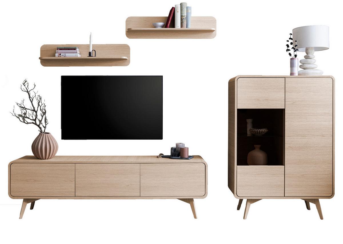 WOHNWAND Eiche natur 4-teilig 290 cm, Anbauwand mit Push-to-Open - Eichefarben, Glas/Holz (290/170/39cm) - Furn.Design