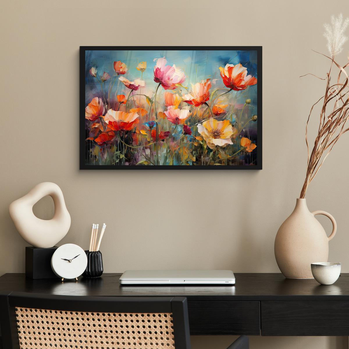 POSTER MIT RAHMENGERAHMTES BILD Blumen - Aquarell - Kunst - Botanisch - Natur 60x40 cm - Orange, Papier (60/40cm) - MuchoWow