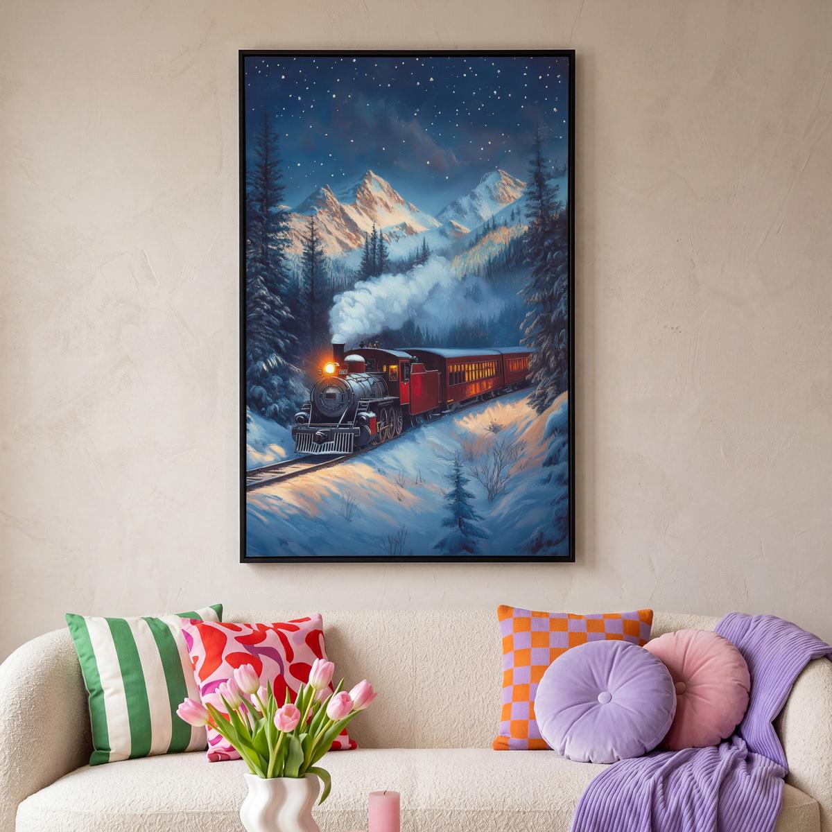 LEINWAND Bilder mit Rahmen - Zug - Weihnachten - Schnee - Weihnachtszug - 100x150 - Anthrazit, Textil (100/150cm) - MuchoWow
