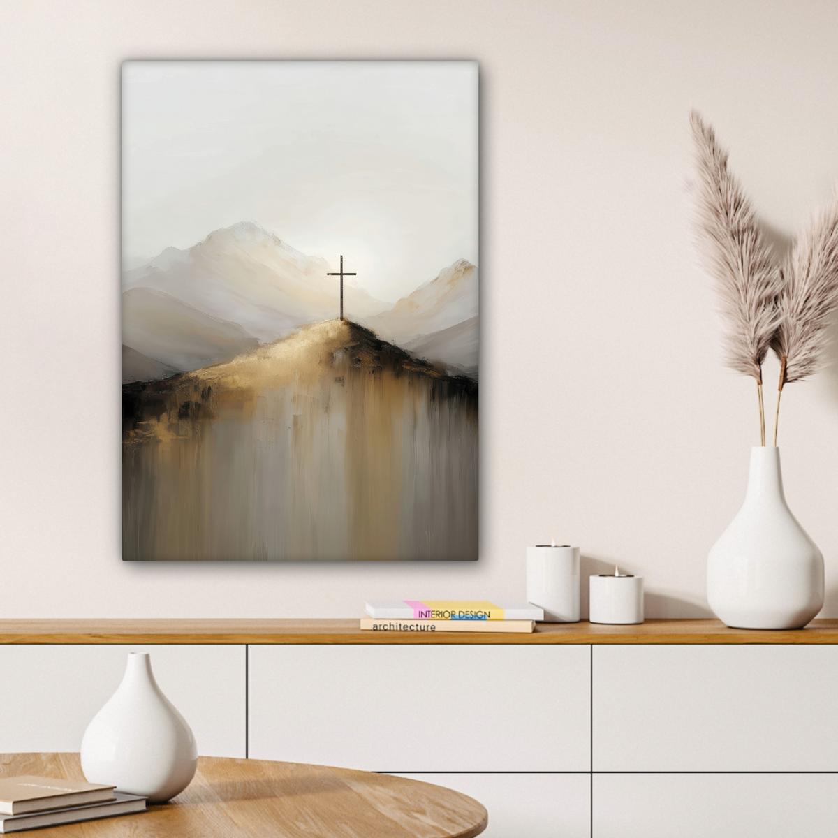 LEINWANDBILD Hügel - Abstrakt - Kreuz - Christentum Wandbild Wohnzimmer 60x80 cm - Beige, Textil (60/80cm) - MuchoWow