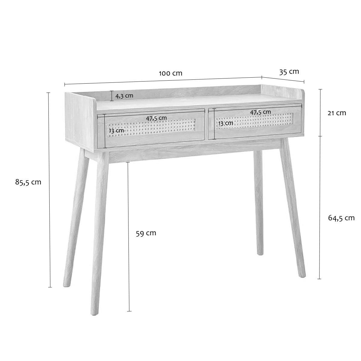 KONSOLE 2 Schubladen mit Rattanfronten und Holzbeinen Palmo 100/35/85,2 cm - Eschefarben, Holzwerkstoff (42/35/85.2cm) - Calicosy