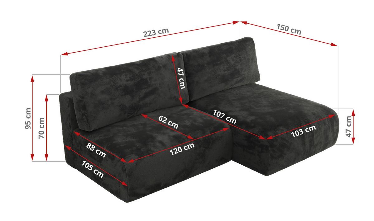 ECKSCHLAFSOFA VIVO L Dunkelgrau Plüsch - links - Dunkelgrau/Schwarz, Kunststoff/Textil (223/150cm) - MKS