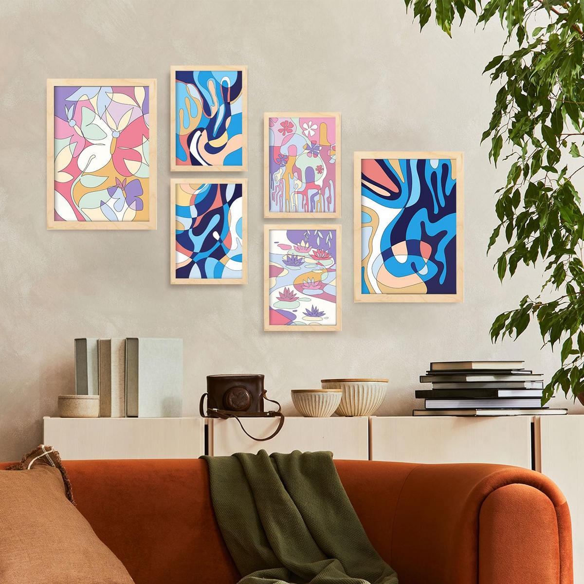 POSTER Set Mit 6 Ethikstile In Blume Zusammenfassung Ästhetische Dekorative Gemälde Für Ihr Wohnzimmer Zuhause A3 & A4 Rahmen Aus Hellem Holz - Beige, Papier (29/3cm) - Nacnic
