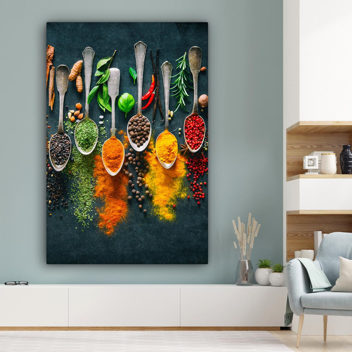 LEINWANDBILD Kräuter - Gewürze - Löffel Deko Groß 90x140 cm - Currygelb, Textil (90/140cm) - MuchoWow