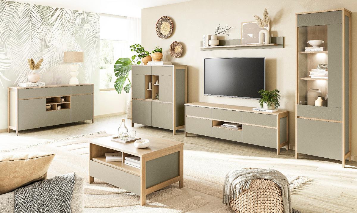 BUFFET Salbei grün, Eiche, Vitrinenschrank skandinavisch 164 x 195 cm, Soft-Close - Salbeigrün/Eichefarben, Glas/Holzwerkstoff (164/195/39cm) - Furn.Design