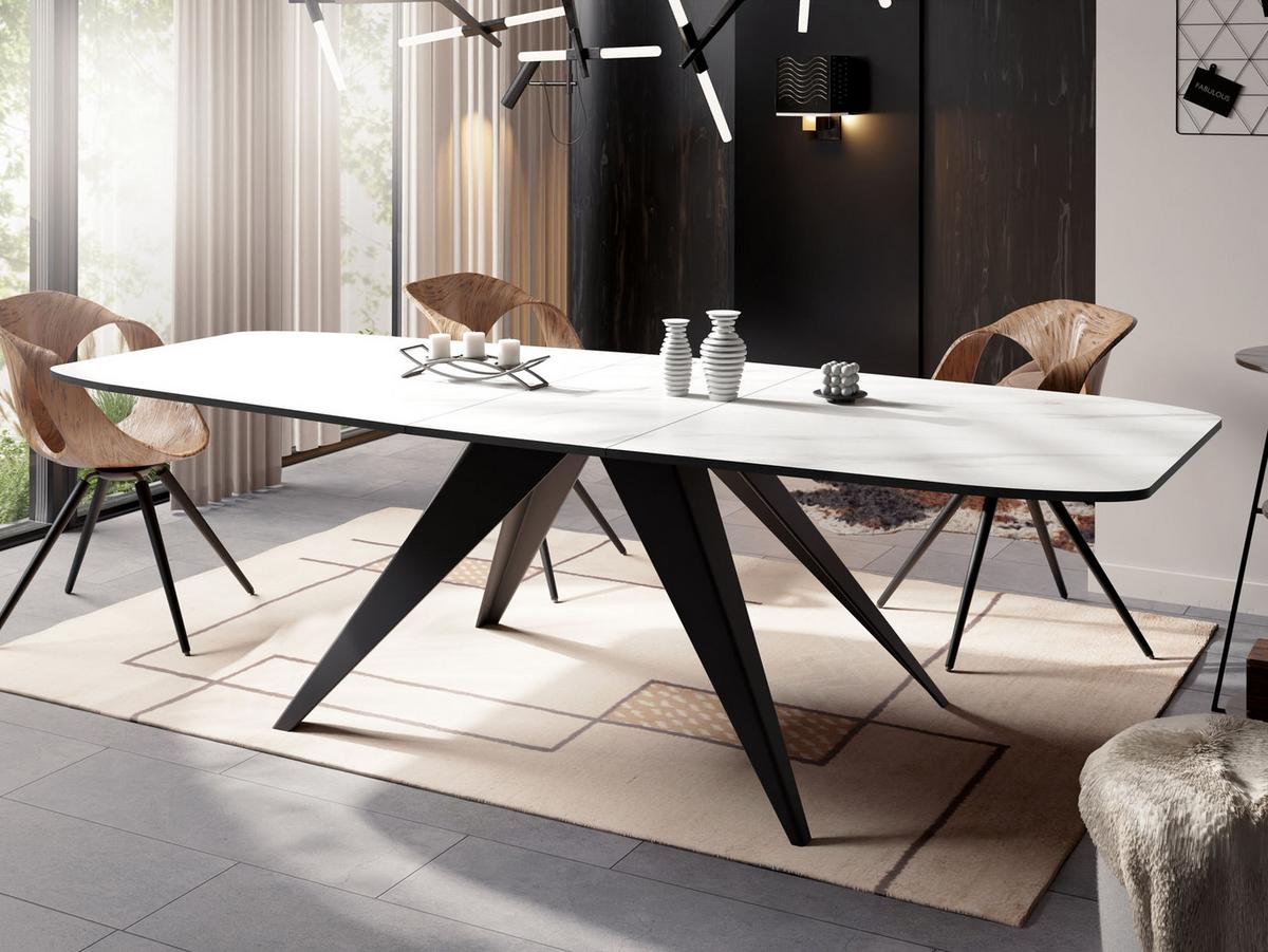 ESSTISCH Foster rechteckig ausziehbar, Marmor Weiß 180-218/90/76 cm - Ecru/Schwarz, Holzwerkstoff/Metall (90/220/76cm) - WFL GROUP