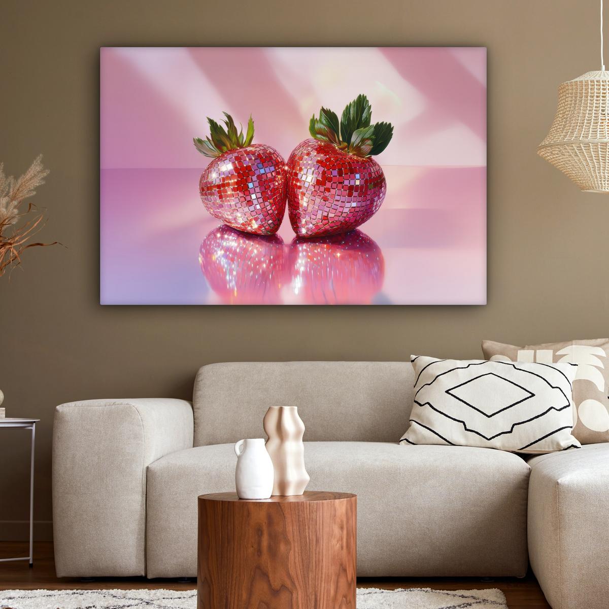 LEINWANDBILD Disco - Obst - Glitzer - Erdbeere XXL 150x100 cm - Pink, Textil (150/100cm) - MuchoWow