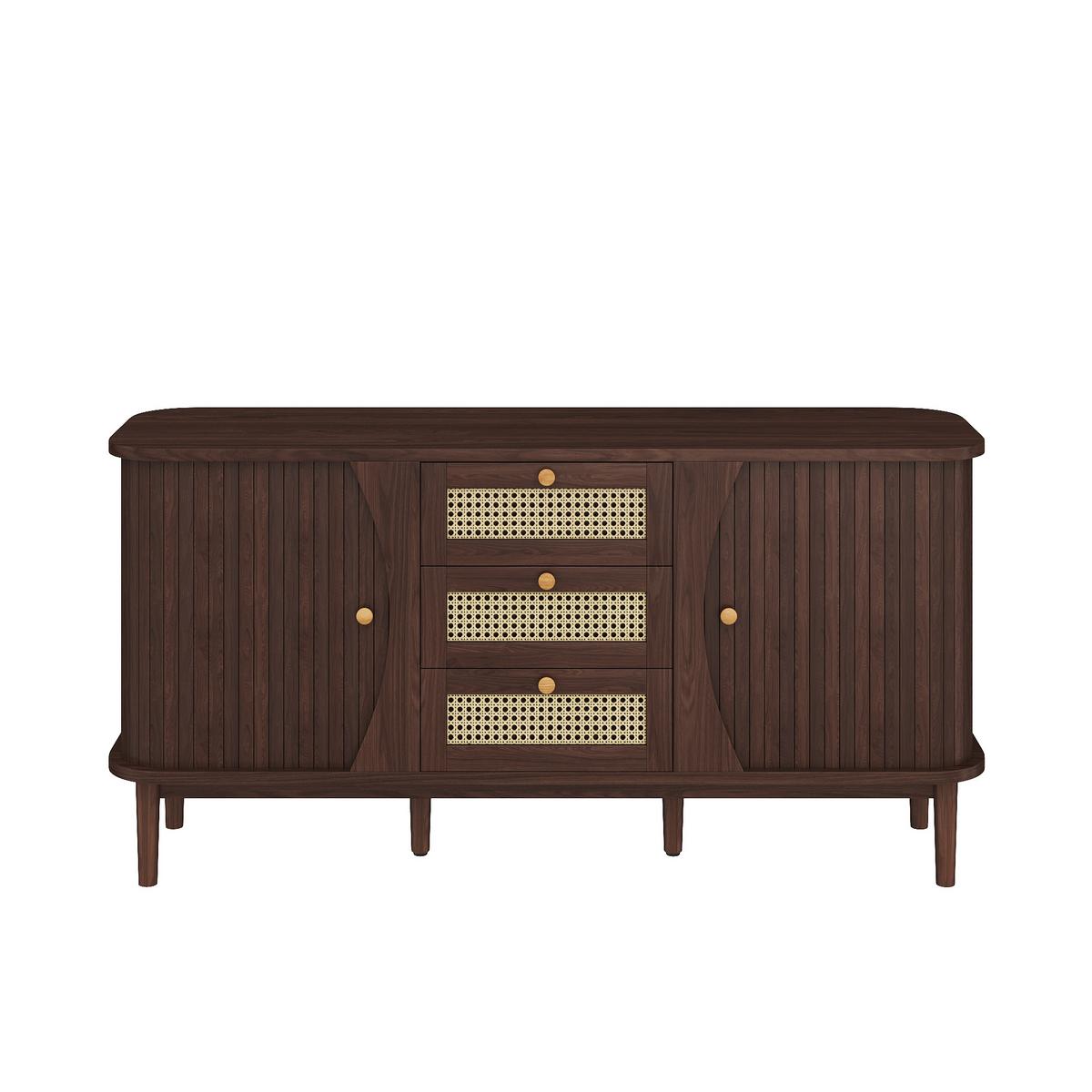 SIDEBOARD Walnuss Optik mit Rattan Schubladen und Schiebetüren - Walnussfarben, Naturmaterialien/Holzwerkstoff (140/73/40cm) - Urban Meuble