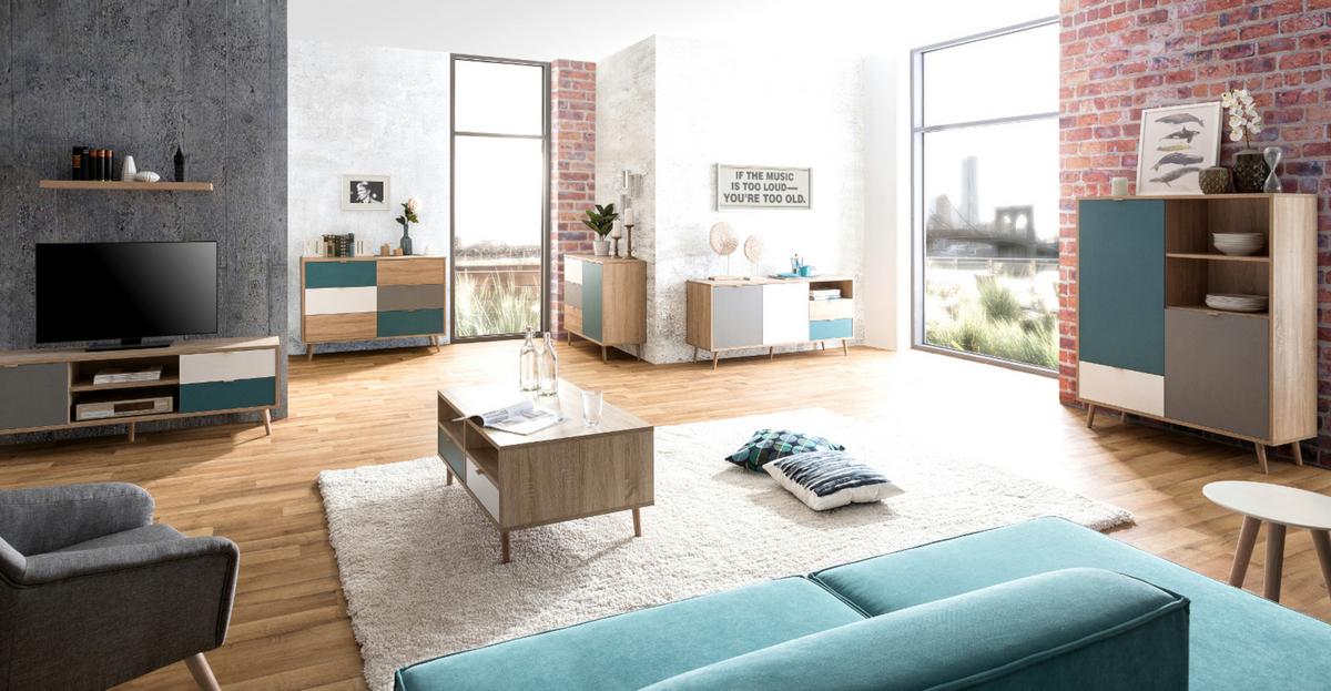 KOMMODE Eiche Sonoma, Petrol, weiß, grau, Anrichte Tricolor skandinavisch - Eichefarben/Petrol, Holz/Holzwerkstoff (103/87/40cm) - Furn.Design