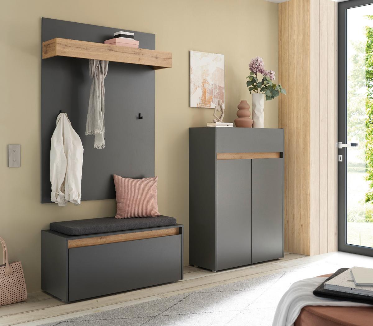 GARDEROBEN-SET grau Eiche Wotan 4-teilig 195 cm, Flurgarderobe inklusive Sitzkissen - Eiche Wotan/Schwarz, Holzwerkstoff/Kunststoff (195/200/40cm) - Furn.Design