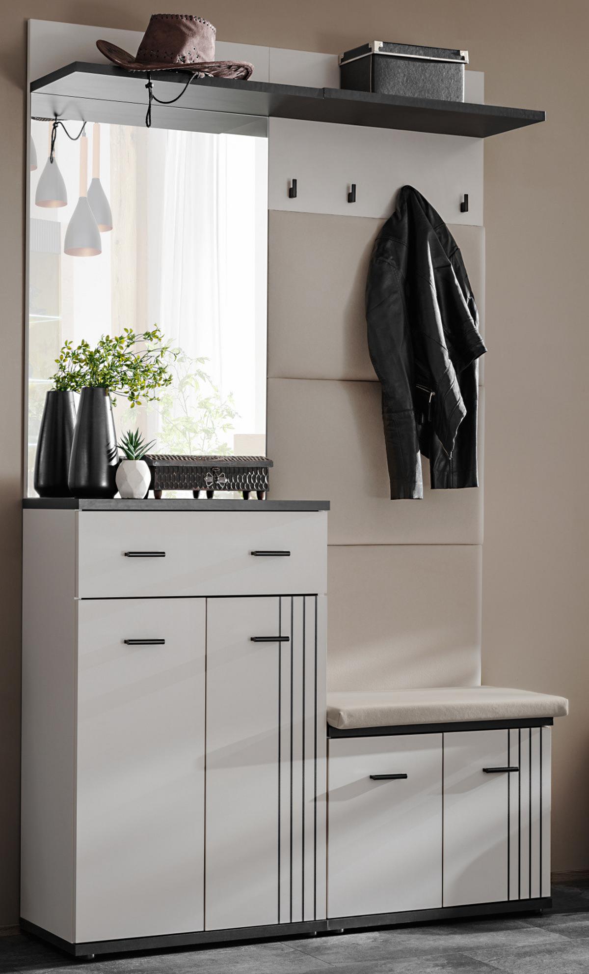 GARDEROBEN-SET Kaschmir, schwarz 4-teilig 120 cm, Flurgarderobe mit viel Stauraum - Kaschmir/Schwarz, Glas/Holzwerkstoff (120/20/32cm) - Inn.Furn
