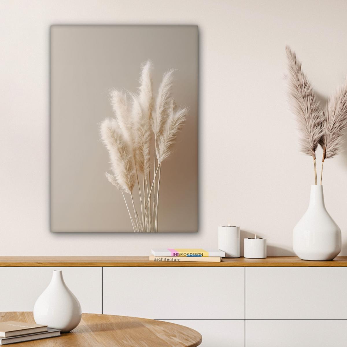 LEINWANDBILD Pampasgras - Federn - Pastell - Weiß Wandbild Wohnzimmer 60x80 cm - Naturfarben, Textil (60/80cm) - MuchoWow