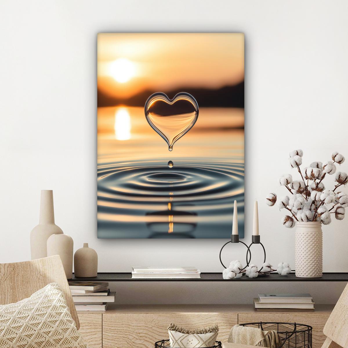 LEINWANDBILD Herz - Wasser - Sonnenuntergang - Natur - Zen Wandbild Wohnzimmer 60x80 cm - Bernsteinfarben, Textil (60/80cm) - MuchoWow