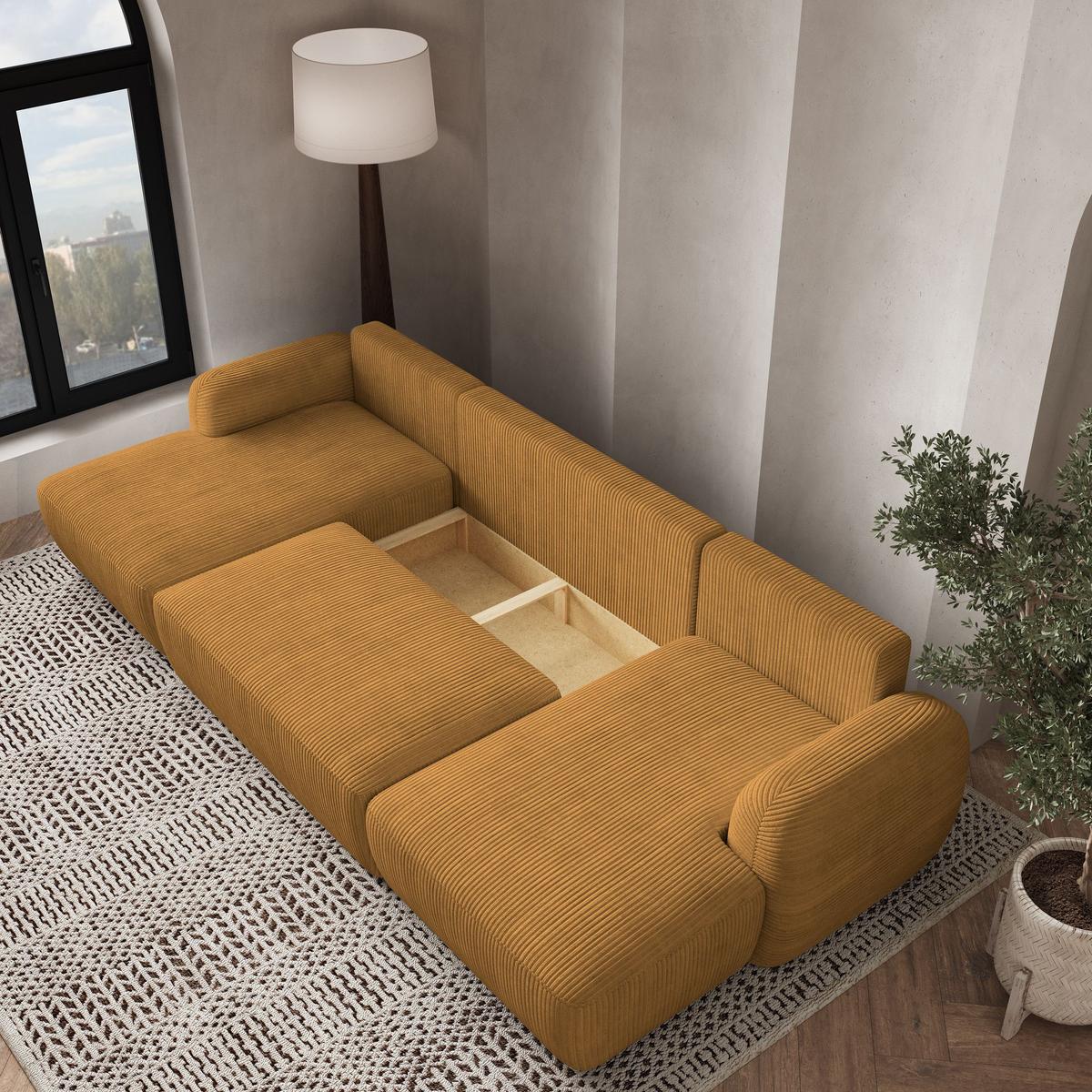 WOHNLANDSCHAFT SAVONA P Gelb Kordstoff mit Schlaffunktion - Gelb/Schwarz, Holz/Kunststoff (320/90/148cm) - MASSENO