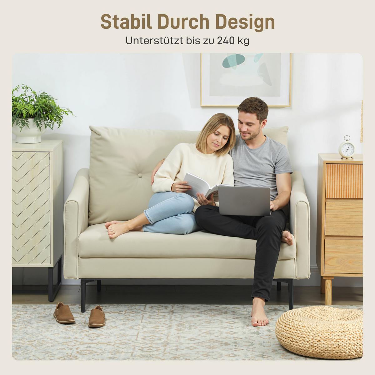 SOFA 2-Sitzer 124 cm Kleine Couch mit Armlehne, Samtoptik, Cremeweiß - Creme, Textil (73/92/124cm) - HOMCOM