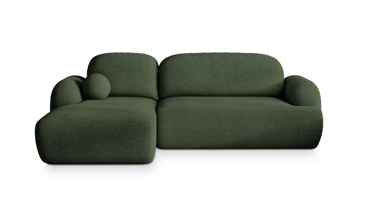 ECKSOFA MODENZA N L-S Grün Boucle-Stoff mit Schlaffunktion - Schwarz/Grün, Holz/Kunststoff (266/148cm) - MASSENO