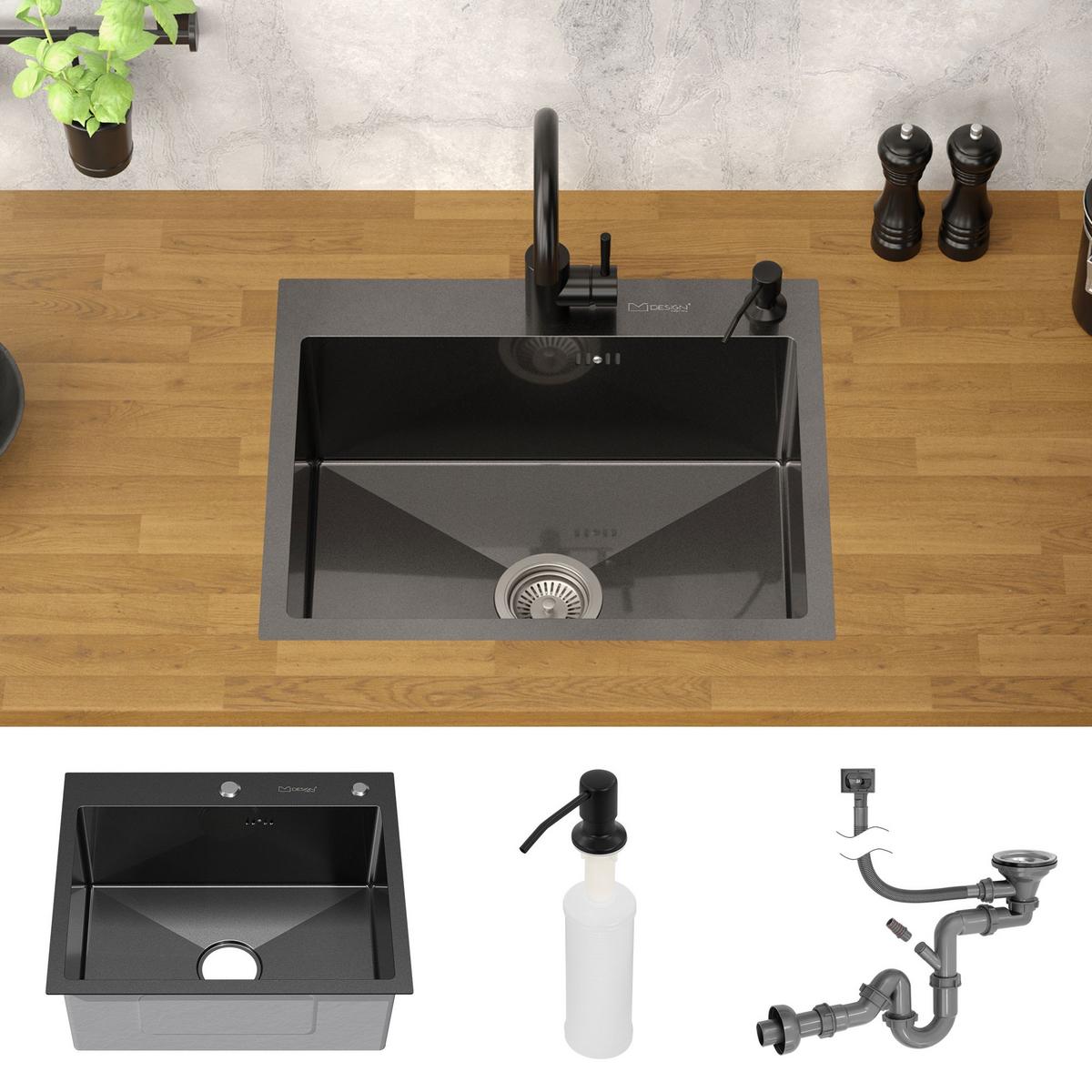 SPÜLBECKEN aus Edelstahl 55x45 cm Anthrazit mit Siphon und Seifenspender - Anthrazit, Metall (45/19/55cm) - ML-DESIGN