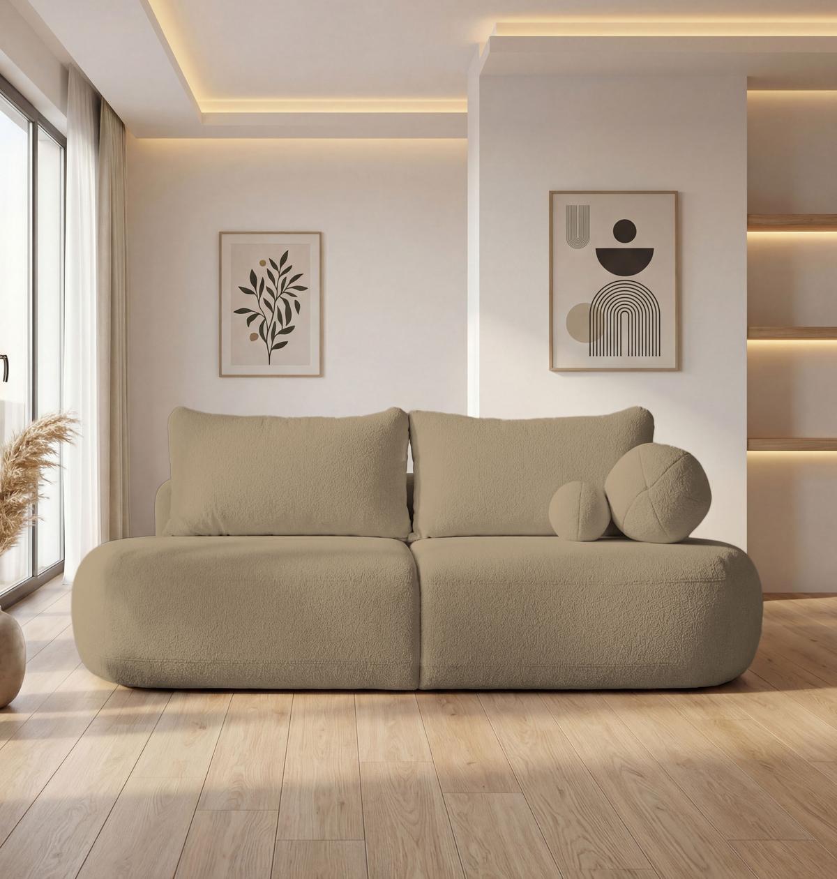 SCHLAFSOFA Bolla 3-Sitzer mit Bettkasten, Camel Dunkelbeige Boucle 240/90/90 cm - Sandfarben/Schwarz, Kunststoff/Textil (240/90/90cm) - WFL GROUP