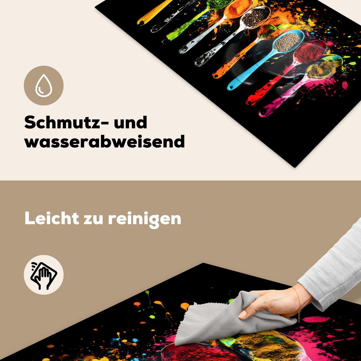 HERDABDECKPLATTE Löffel - Gewürze - Modern - Graffiti - Farbe - Farbenfroh Induktionsschutz 91.6x52.7 cm - Multicolor, Kunststoff (91.6/52.7/0.2cm) - MuchoWow