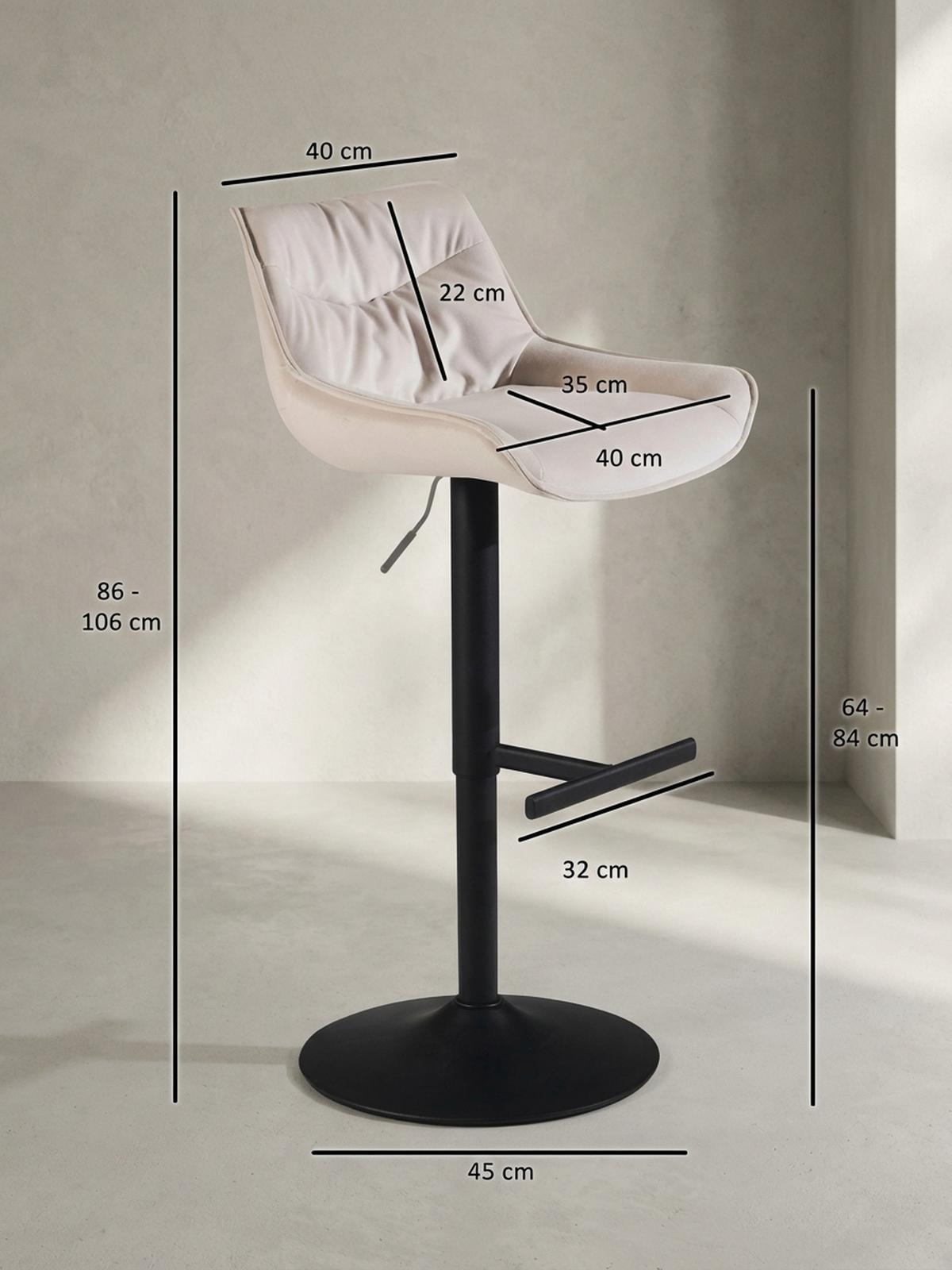 BARHOCKER Samt Lehne Höhenverstellbar Trompetenfuß Gepolstert, Beige 45x55x106 cm - Beige/Schwarz, Textil/Metall (45/106/55cm) - KADIMA DESIGN