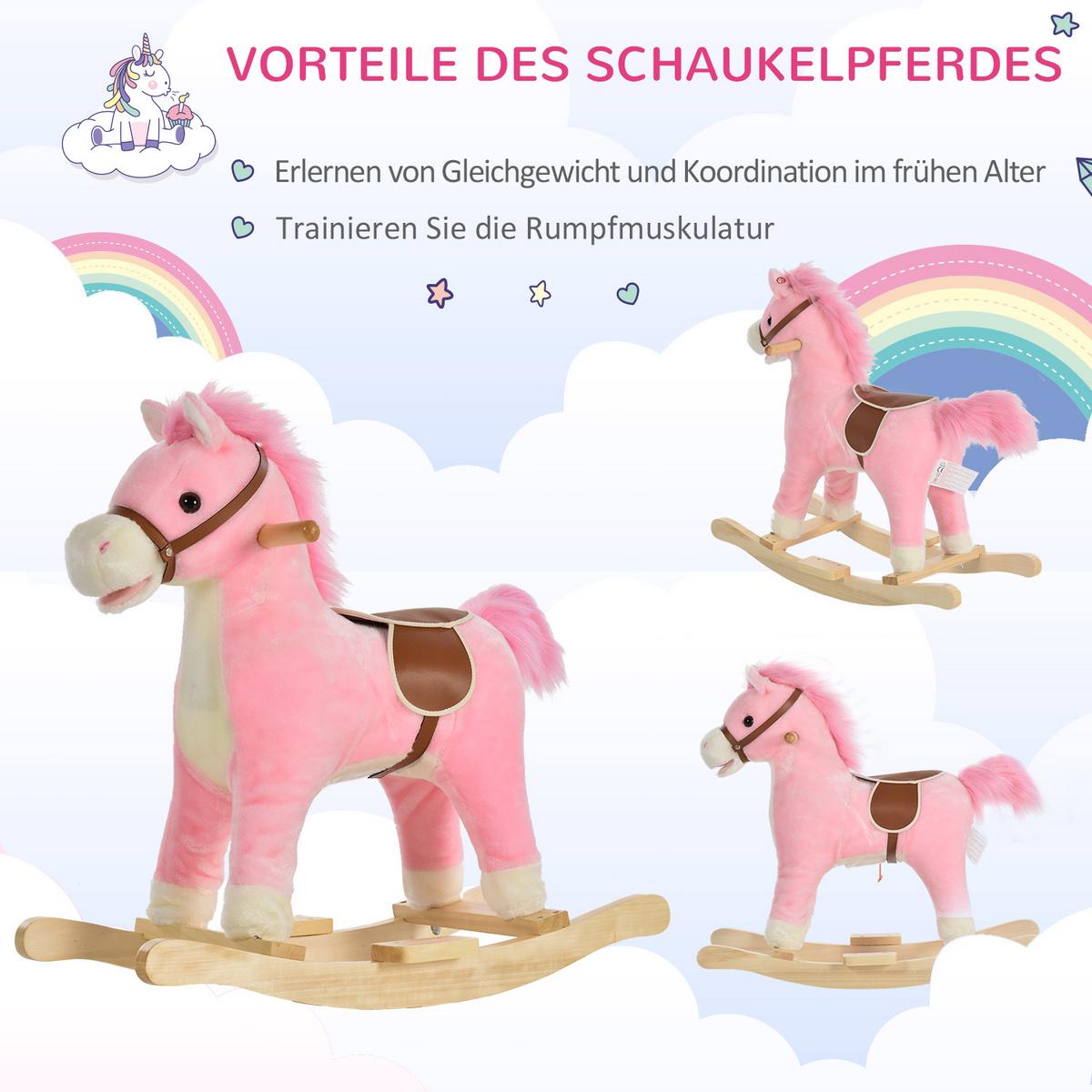 KINDER SCHAUKELTIER, Braun/Rosa, Plüsch+ Holz - Rosa, Holz (32.5/61/65cm) - HOMCOM