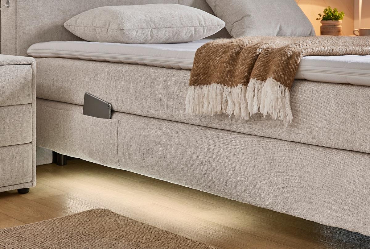 BOXSPRINGBETT 160x200 cm, 7-Zonen-Tonnentaschen-Federkernmatratzen H3, Topper, Bonell-Federkern, Beleuchtung, USB-Ladeports, Chenille Beige / 20013 - Beige/Schwarz, Textil/Metall (160/200cm) - luma-home