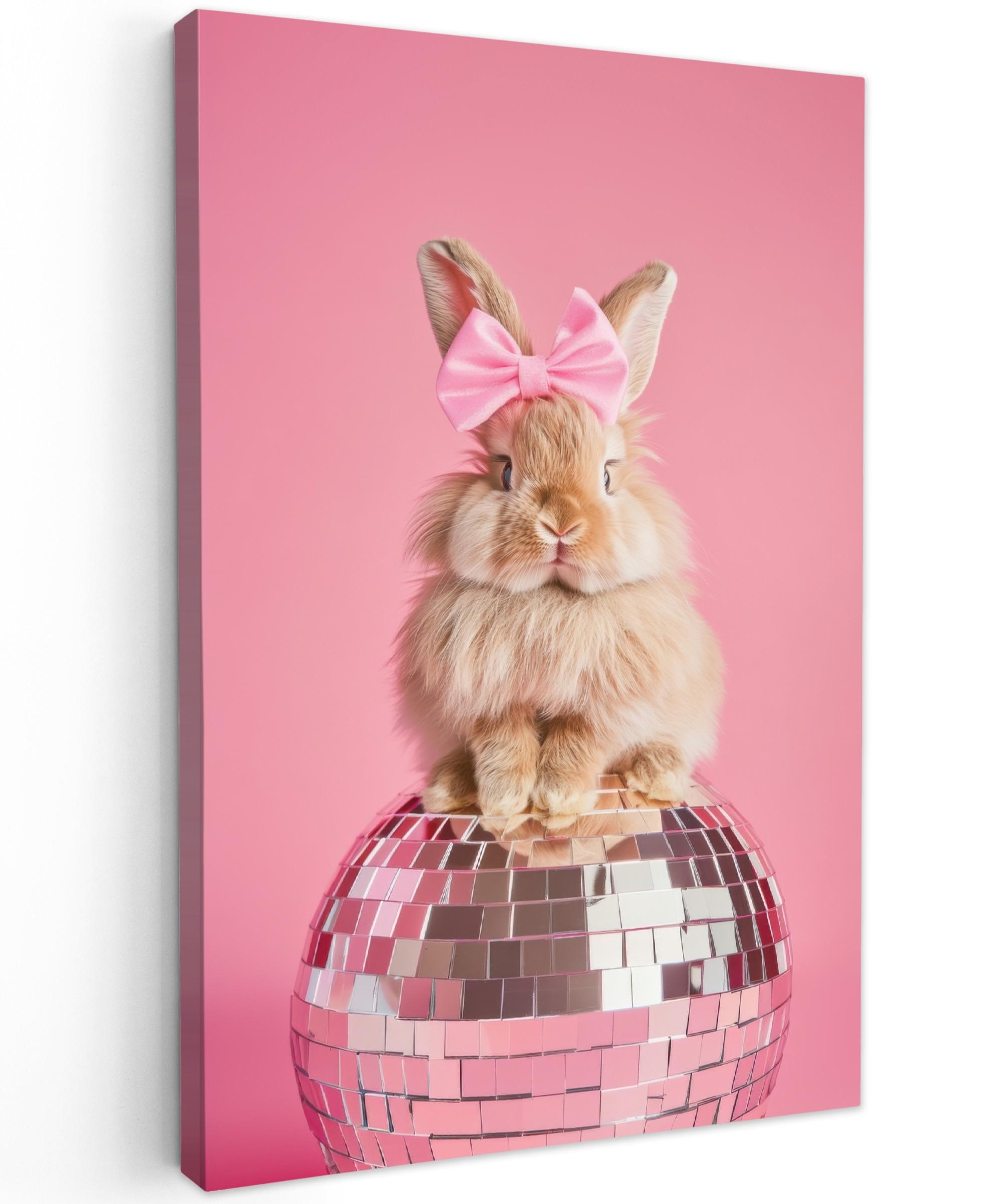 LEINWANDBILD Schleife - Discoball - Kaninchen Deko Wohnzimmer 20x30 cm - Pink, Textil (20/30cm) - MuchoWow