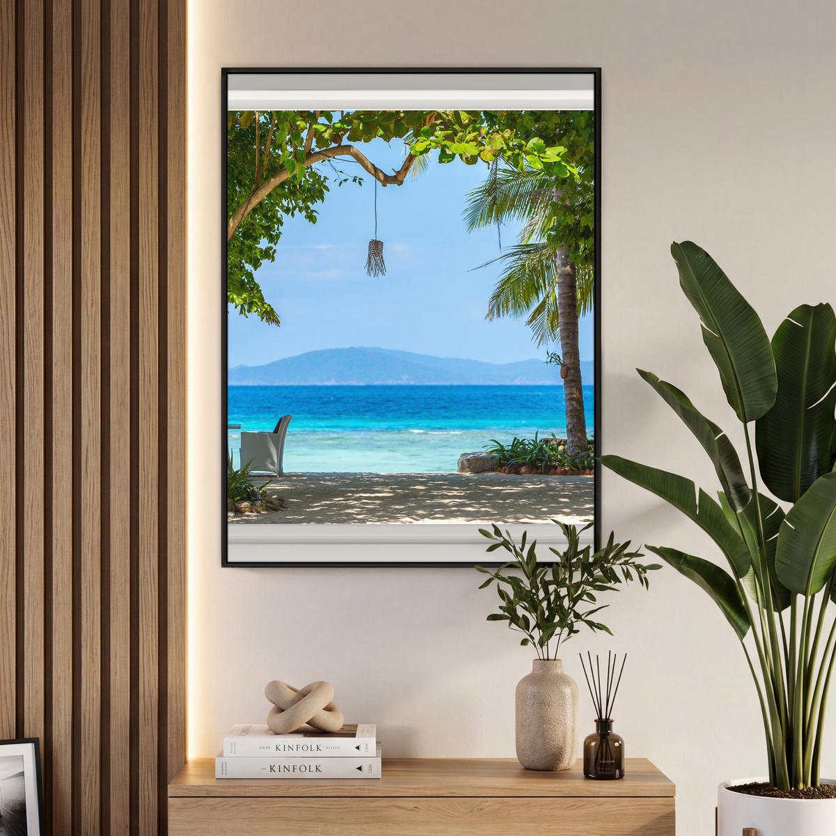 LEINWAND Bilder mit Rahmen - Aussicht - Baum - Meer - Palme - Hügel - Strand - Blau - 70x100 - Blau, Textil (70/100cm) - MuchoWow