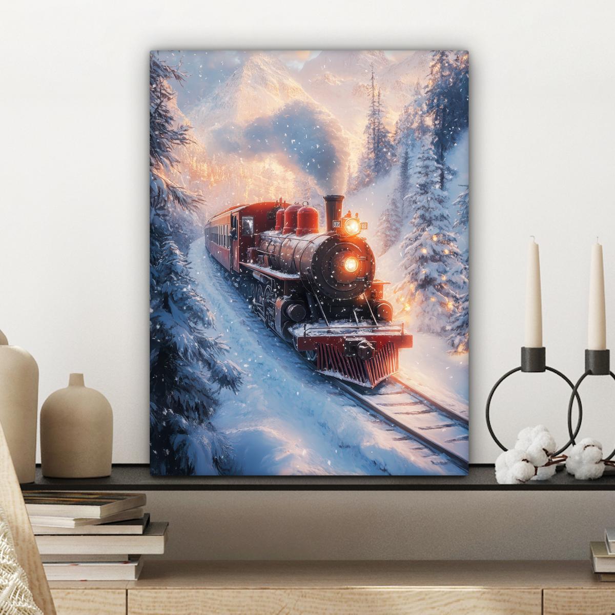 LEINWANDBILD Weihnachtszug - Schnee - Winter - Weihnachten Room Decor 30x40 cm - Dunkelrot, Textil (30/40cm) - MuchoWow