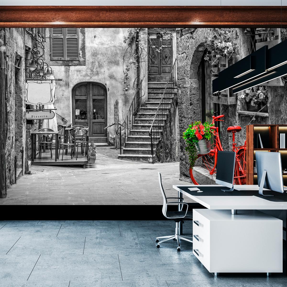 FOTOTAPETE für Wohnzimmer Italienische Gasse Rotes Fahrrad Toskana 400x280 - Rot/Schwarz, Papier (400/280cm) - Muralo