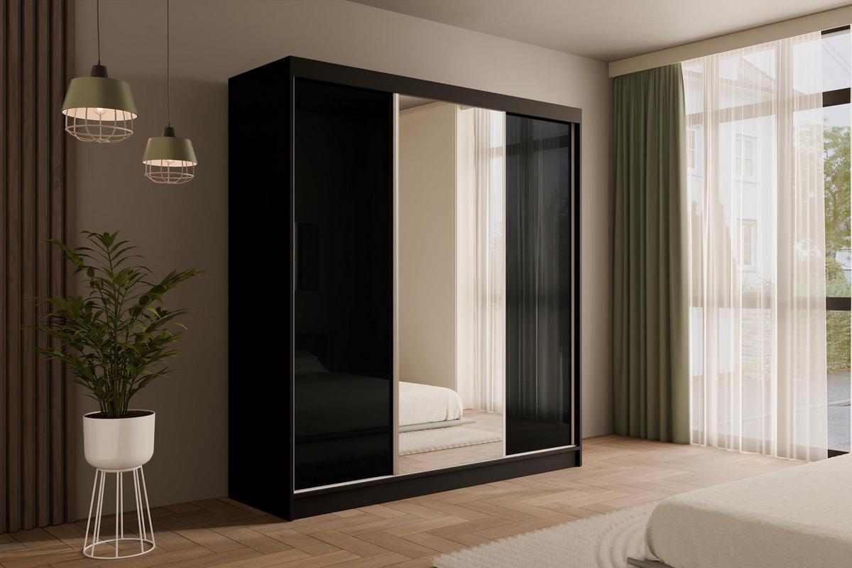 KLEIDERSCHRANK mit Spiegel V2-VITA 215x200 cm - Schwarz - Schwarz, Holzwerkstoff (200/215/61cm) - ALTDECOR