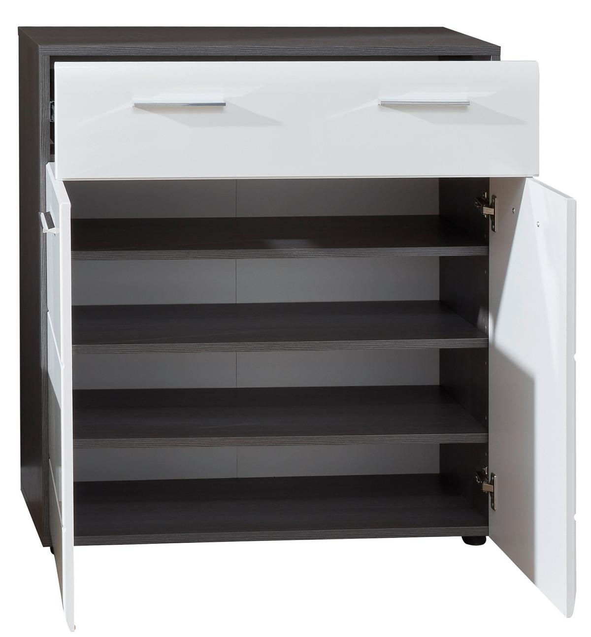SCHUHKOMMODE Hochglanz weiß, Sardegna grau 80 x 87 cm, Flurkommode 2-türig - Weiß Hochglanz/Silberfarben, Holzwerkstoff/Kunststoff (80/87/35cm) - Top.Furn