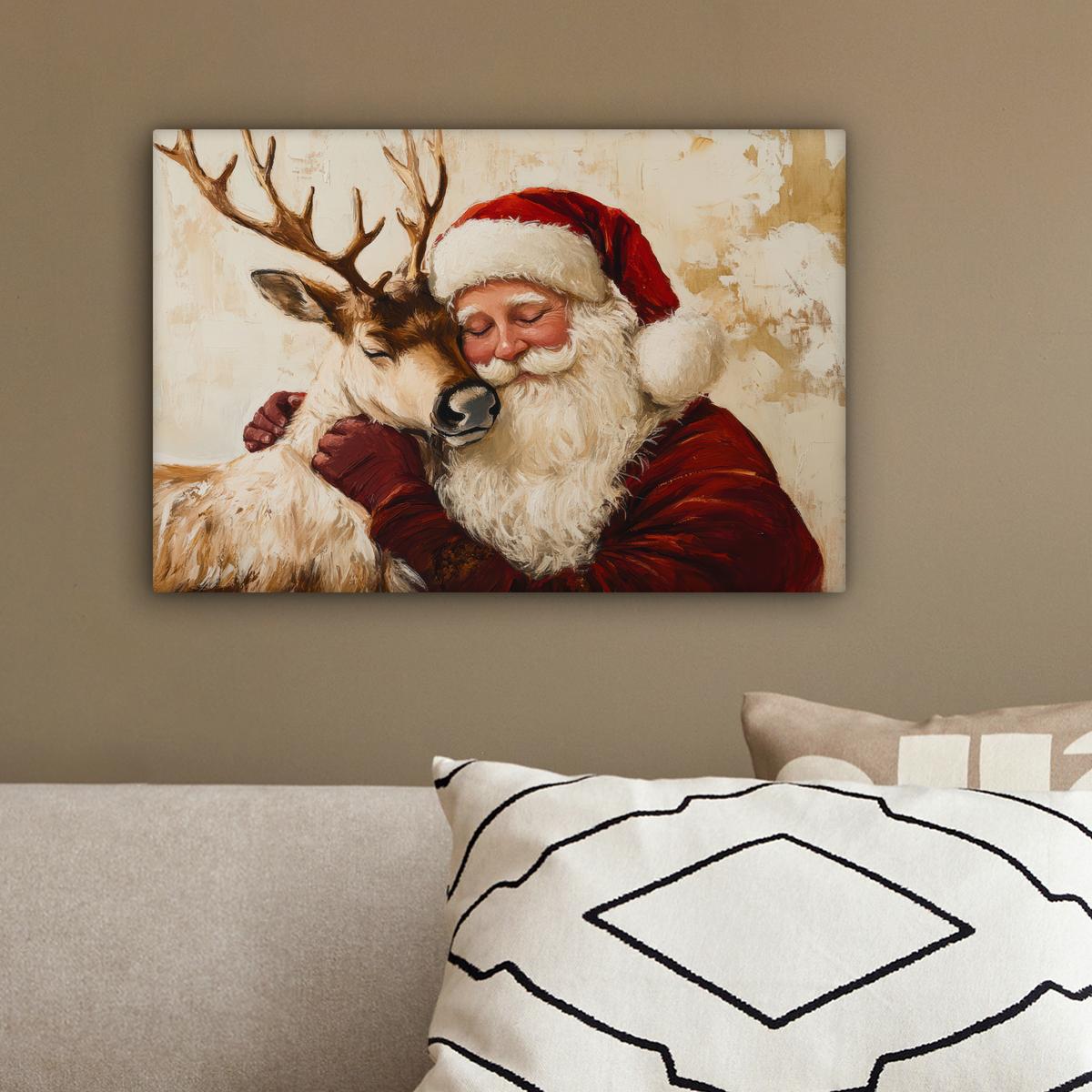 LEINWANDBILD Weihnachtsmann - Rentier - Weihnachten Deko Schlafzimmer 30x20 cm - Rotbraun, Textil (30/20cm) - MuchoWow