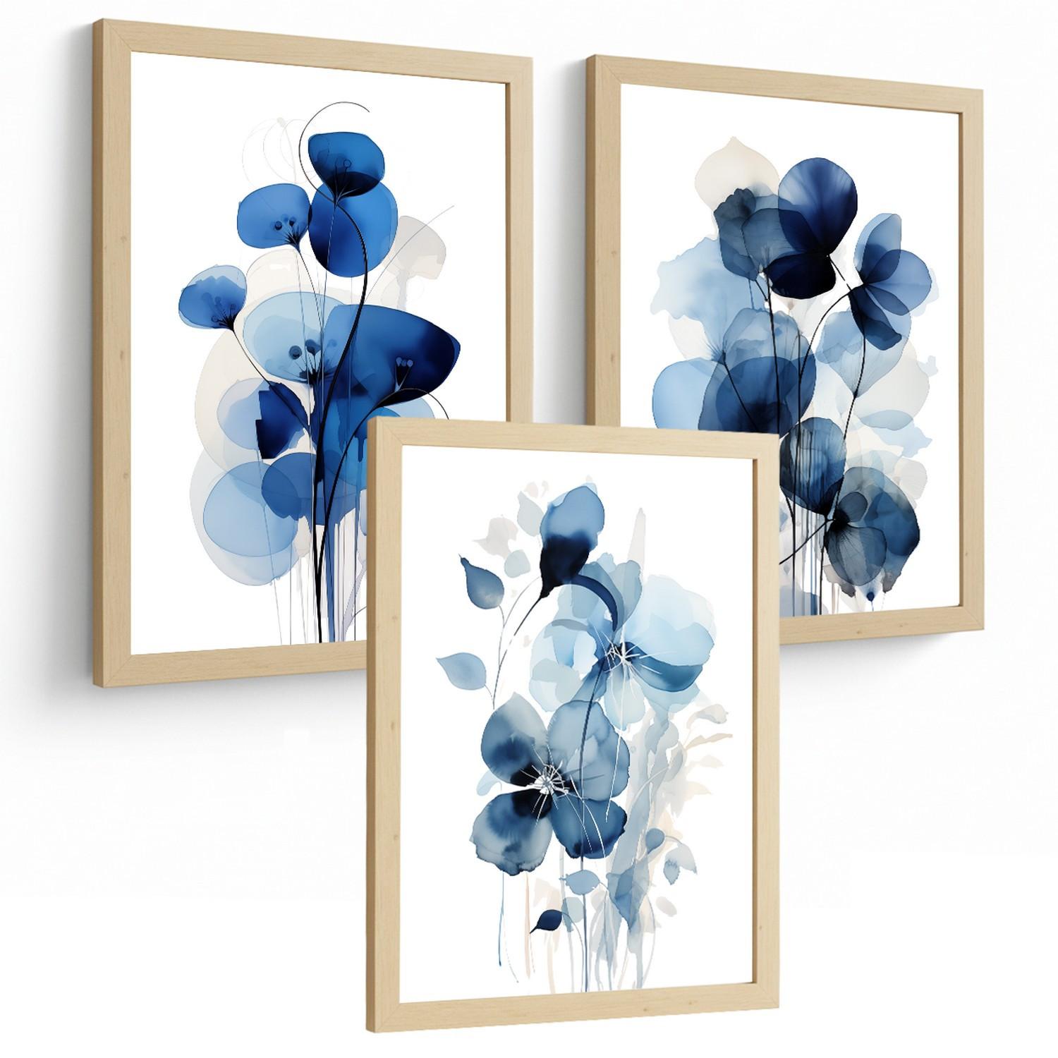 POSTER 3er-Set Wandbilder Blumen Blau modern Wohnzimmer Deko, Schlafzimmer, Küche, Badezimmer Leichter Holzrahmen A4 - Beige, Papier (29.7/1/21cm) - Nacnic