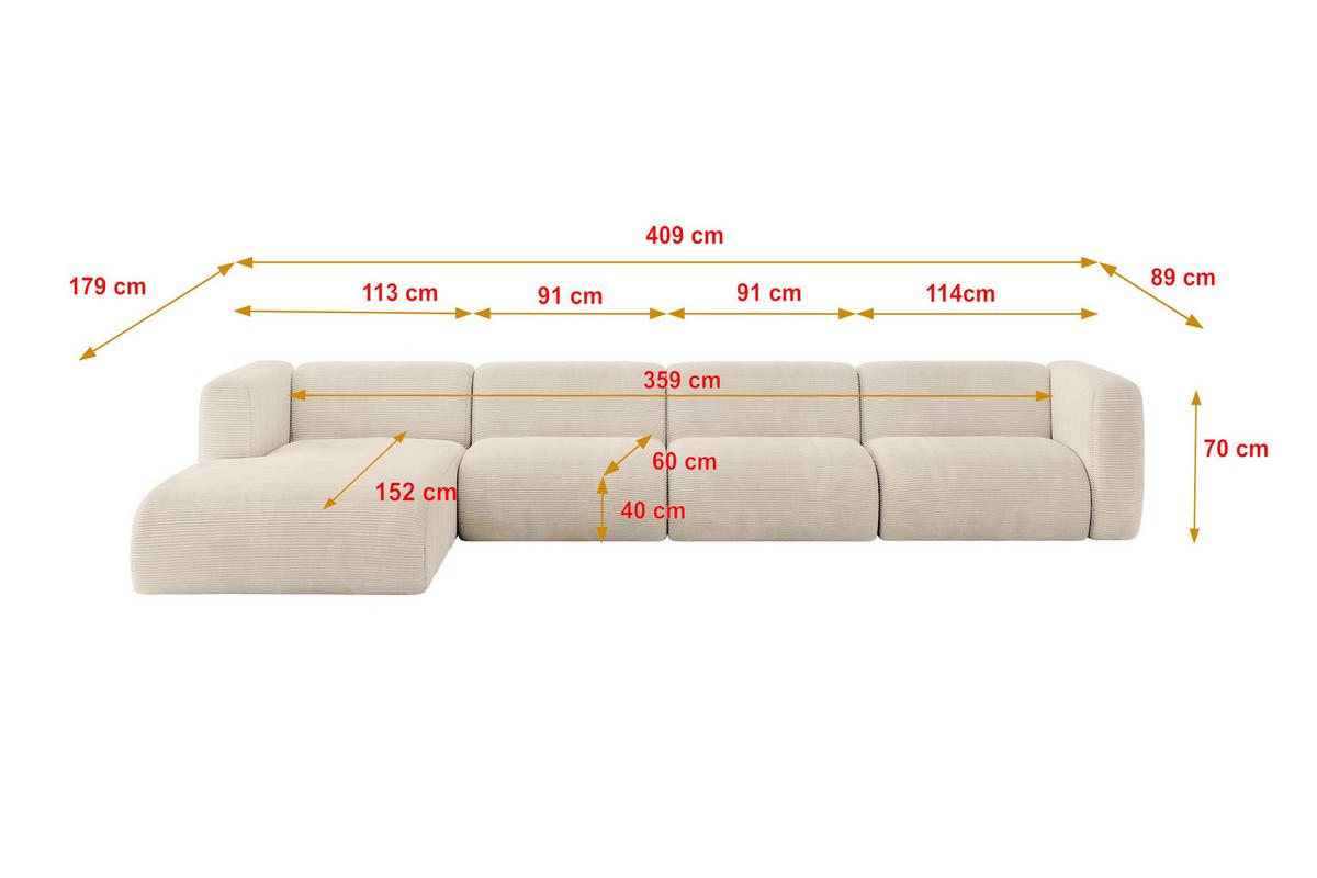 ECKSOFA Ottomane Links MIRA-L3 409x179x70 Beige Cord - Sandfarben/Beige, Holzwerkstoff/Kunststoff (409/179cm) - ALTDECOR