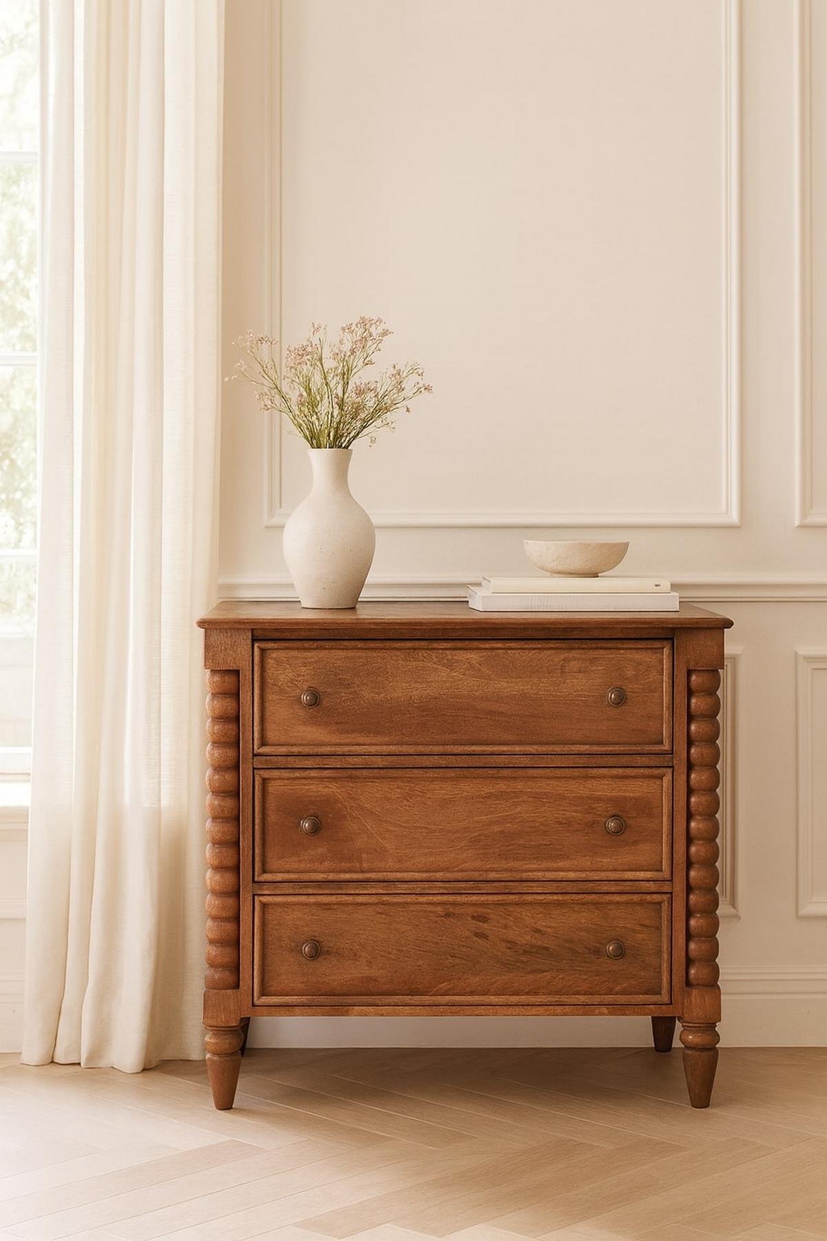 KOMMODE Spindel, 3 Schubladen, Hellbraun - Hellbraun/Messingfarben, Holz/Metall (80/80/35cm) - Artisan Furniture