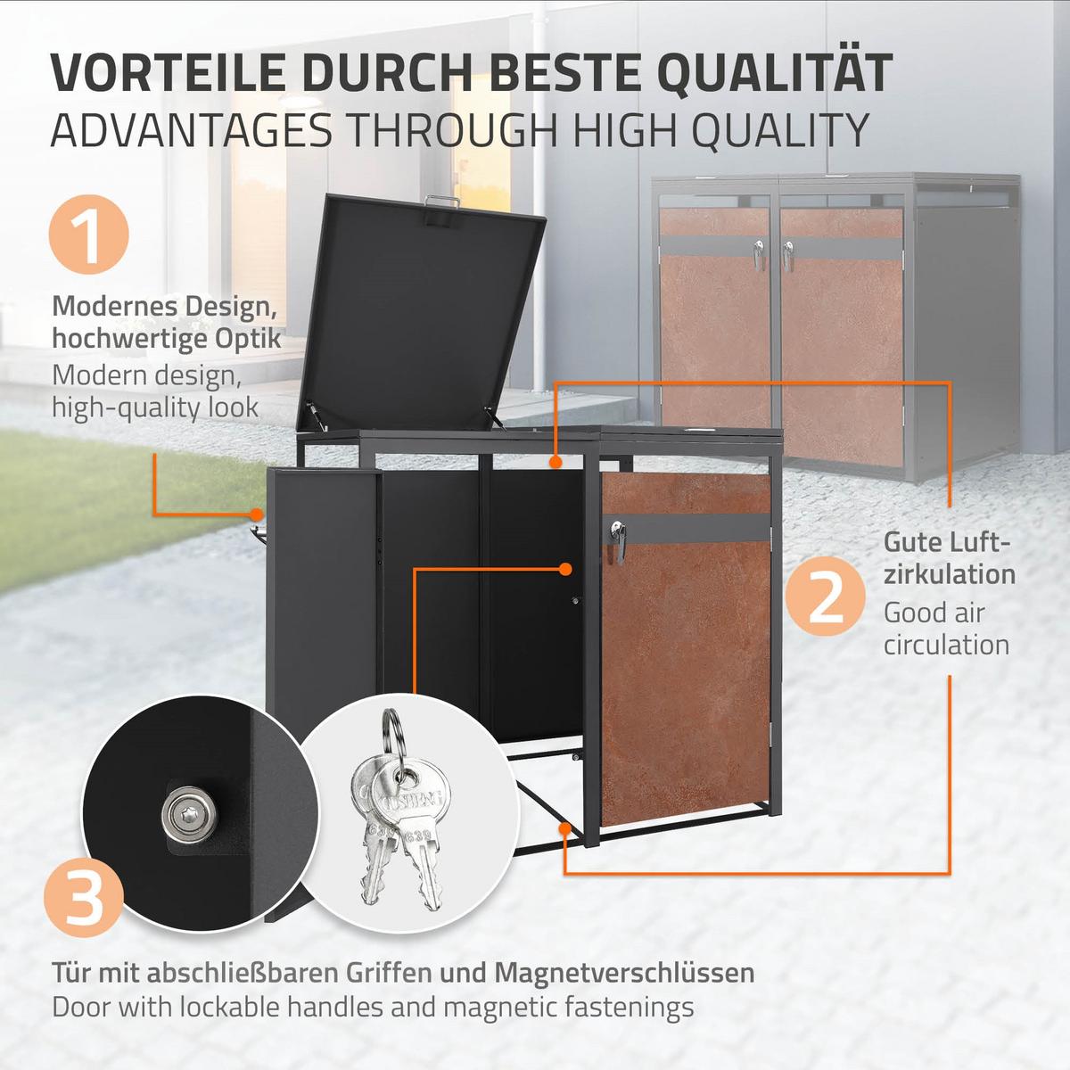 MÜLLTONNENBOX 4er Anthrazit-Rostoptik - Rotbraun, Metall (264/120/80cm) - ML-DESIGN