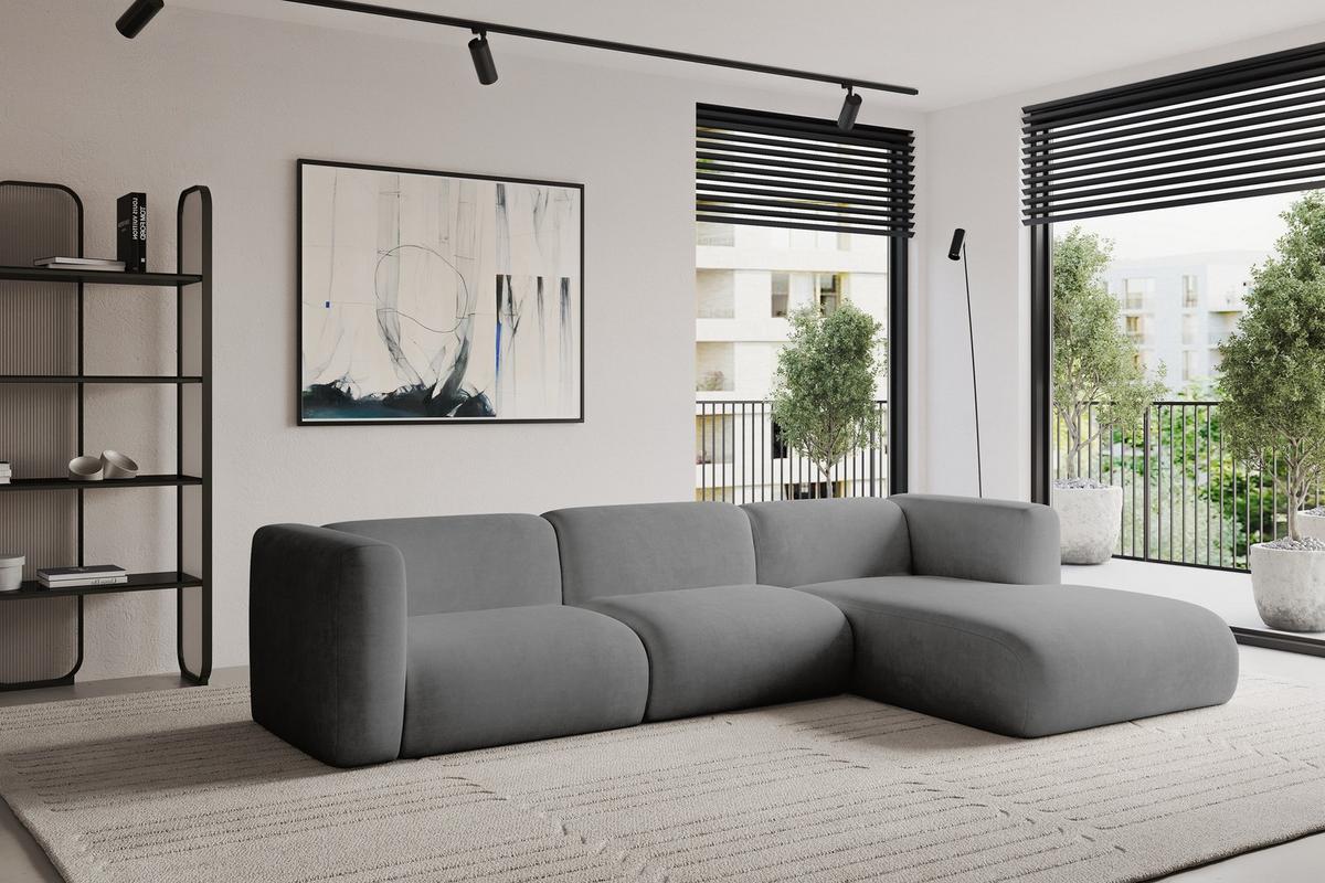 ECKSOFA Ottomane Rechts MIRA-L1 227x179x89 Grau Velours - Schieferfarben/Schwarz, Holzwerkstoff/Kunststoff (227/179cm) - ALTDECOR